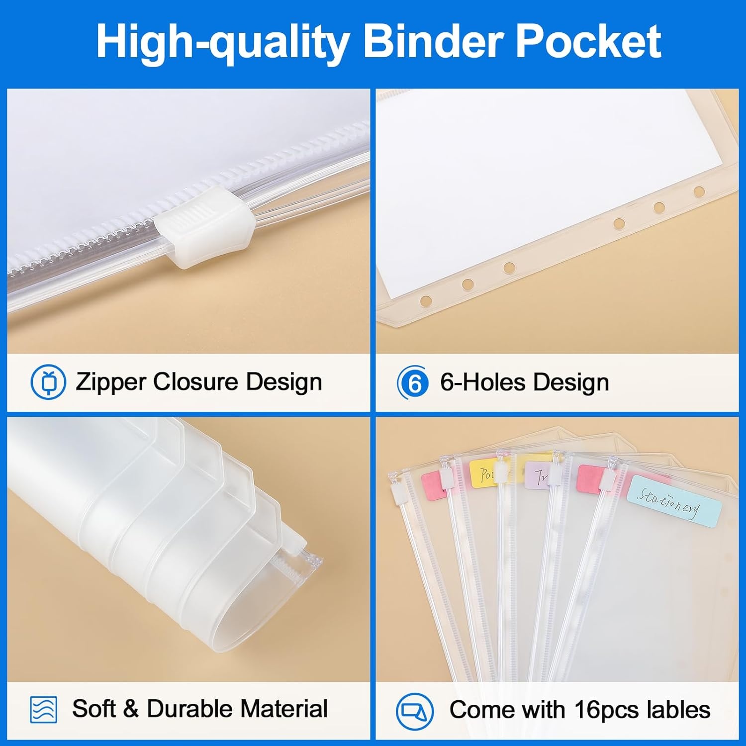 image:imageKTRIO 16pcs A6 Binder Pockets Zipper Cash Envelopes for Budgeting 6 Holes With Lables Durable PVC A6 Planner Inserts Mini Pouch Folders Loose Leaf Filing Bags for Money Coupon Sticky NotesA6 SizeZipperd Closure