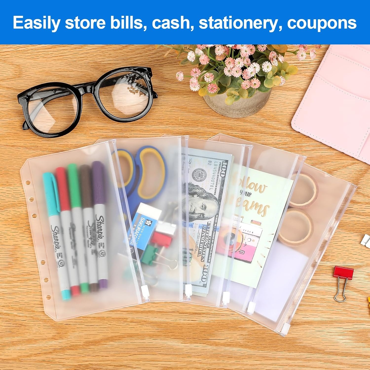 image:imageKTRIO 16pcs A6 Binder Pockets Zipper Cash Envelopes for Budgeting 6 Holes With Lables Durable PVC A6 Planner Inserts Mini Pouch Folders Loose Leaf Filing Bags for Money Coupon Sticky NotesA6 SizeZipperd Closure