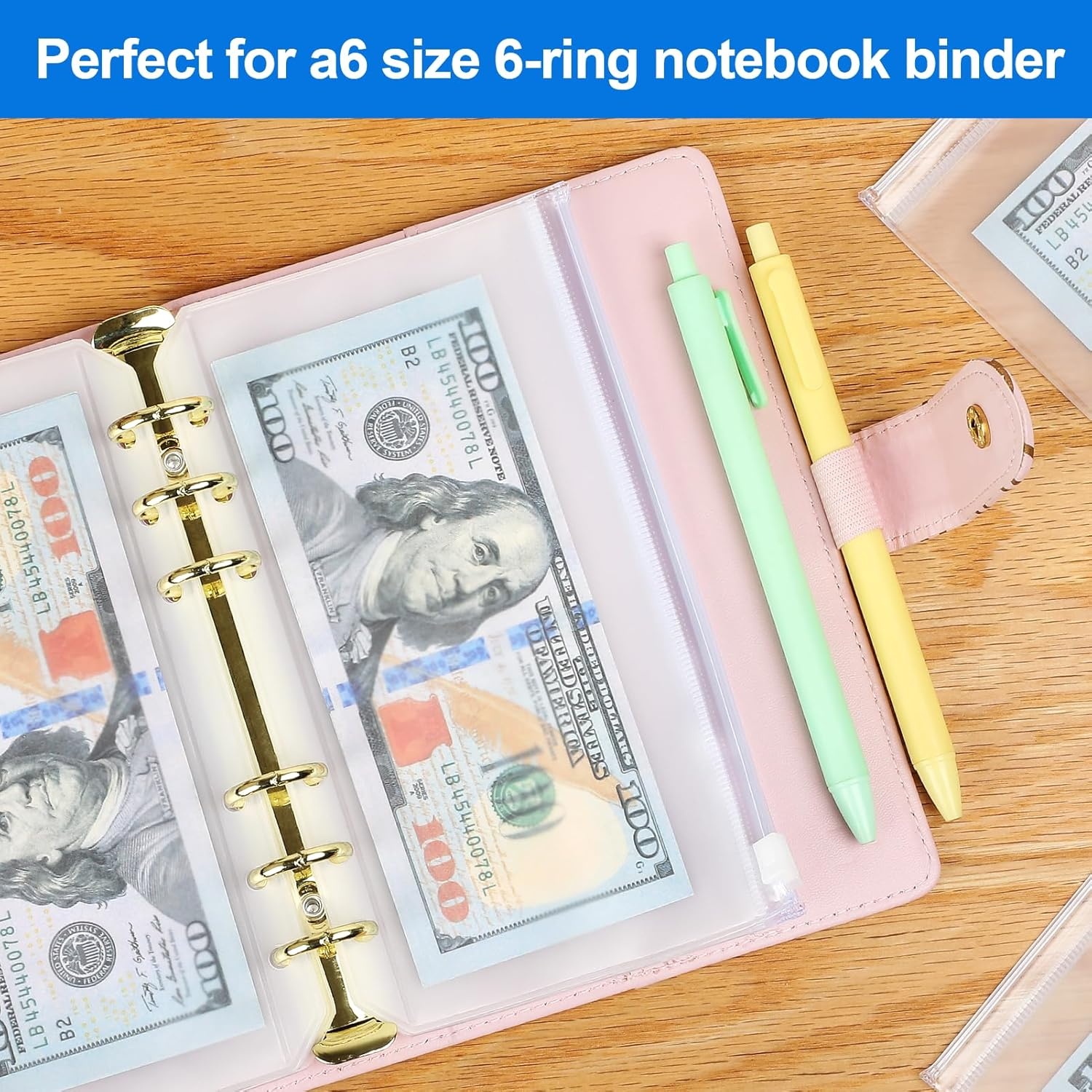 image:imageKTRIO 16pcs A6 Binder Pockets Zipper Cash Envelopes for Budgeting 6 Holes With Lables Durable PVC A6 Planner Inserts Mini Pouch Folders Loose Leaf Filing Bags for Money Coupon Sticky NotesA6 SizeZipperd Closure