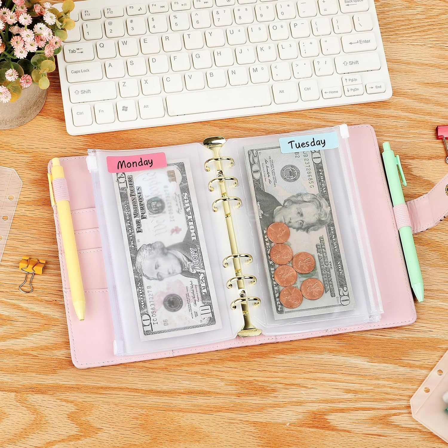 image:imageKTRIO 16pcs A6 Binder Pockets Zipper Cash Envelopes for Budgeting 6 Holes With Lables Durable PVC A6 Planner Inserts Mini Pouch Folders Loose Leaf Filing Bags for Money Coupon Sticky NotesA6 SizeZipperd Closure