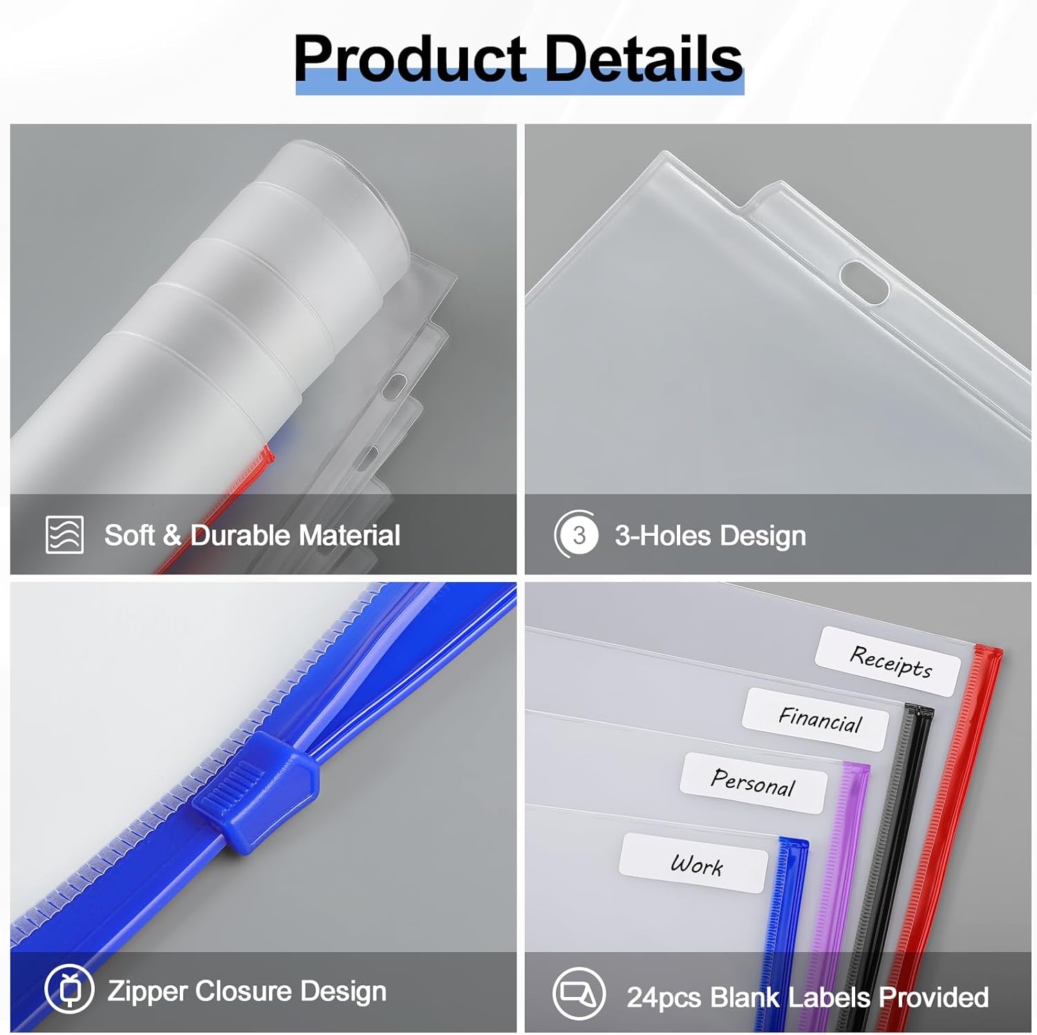 image:imageKTRIO 24 Pack Binder Pockets 85 x 11 Zipper Pouches for 3 Ring Binders Thickened PVC Document Folders 3 Holes PrePunched Fits Standard Binder LetterSize Paper Storage Business Office Supplies24 Pack