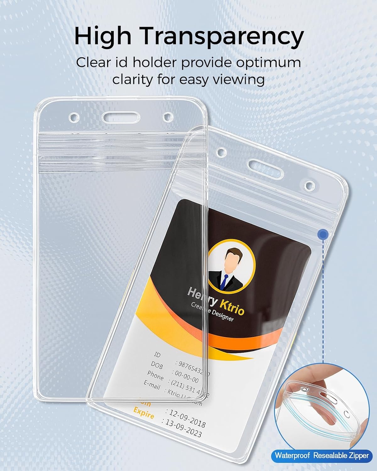 image:imageKTRIO 50 Pack Clear Vertical ID Badge Holder with Resealable Zip Fits Standard Cards Durable PVC Material Clear Visibility Easy Daily Use50