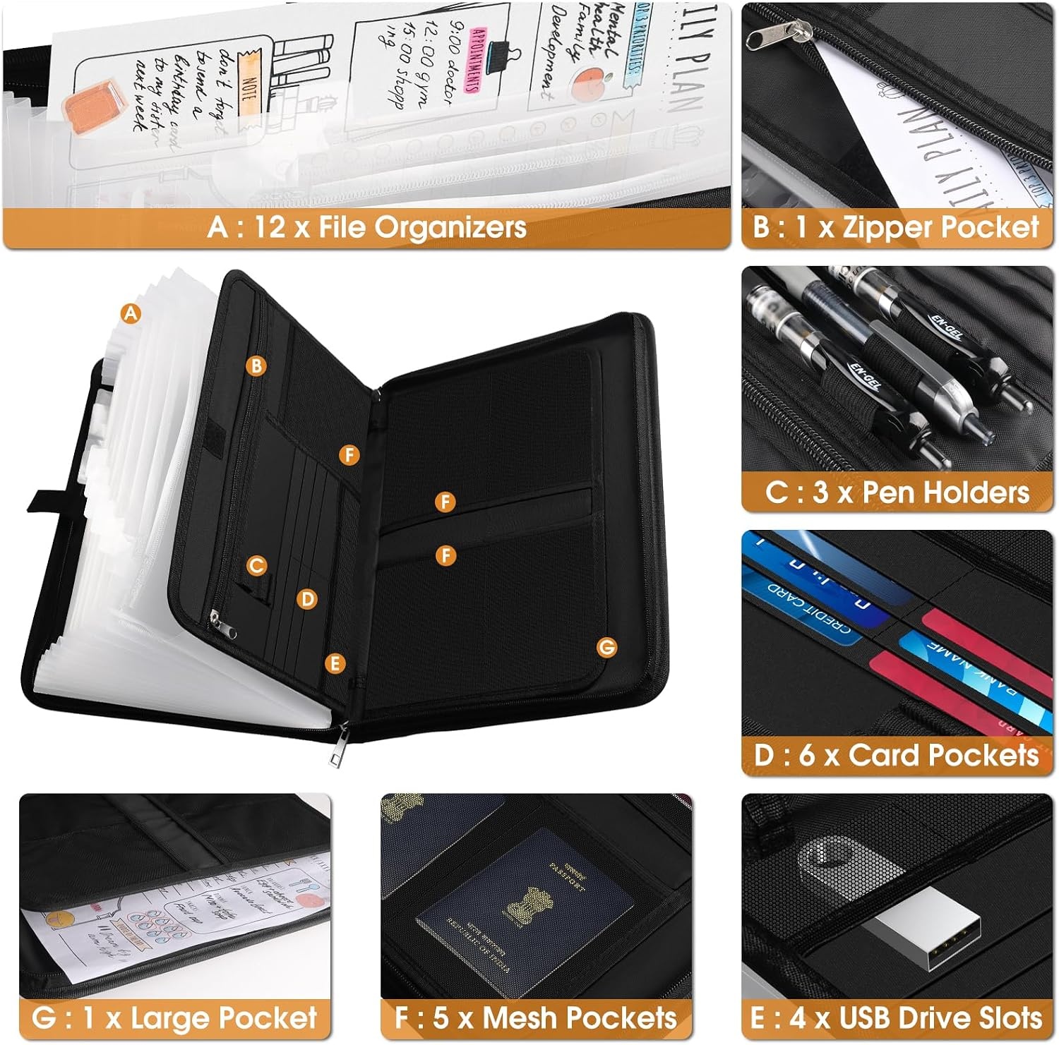 image:imageKTRIO Accordion File Organizer 12 Pocket Expanding File with Labels Fireproof Important Document Organizer Expandable File Folder with Zipper amp MultiPockets for Letter A4 Paper Files Receipt