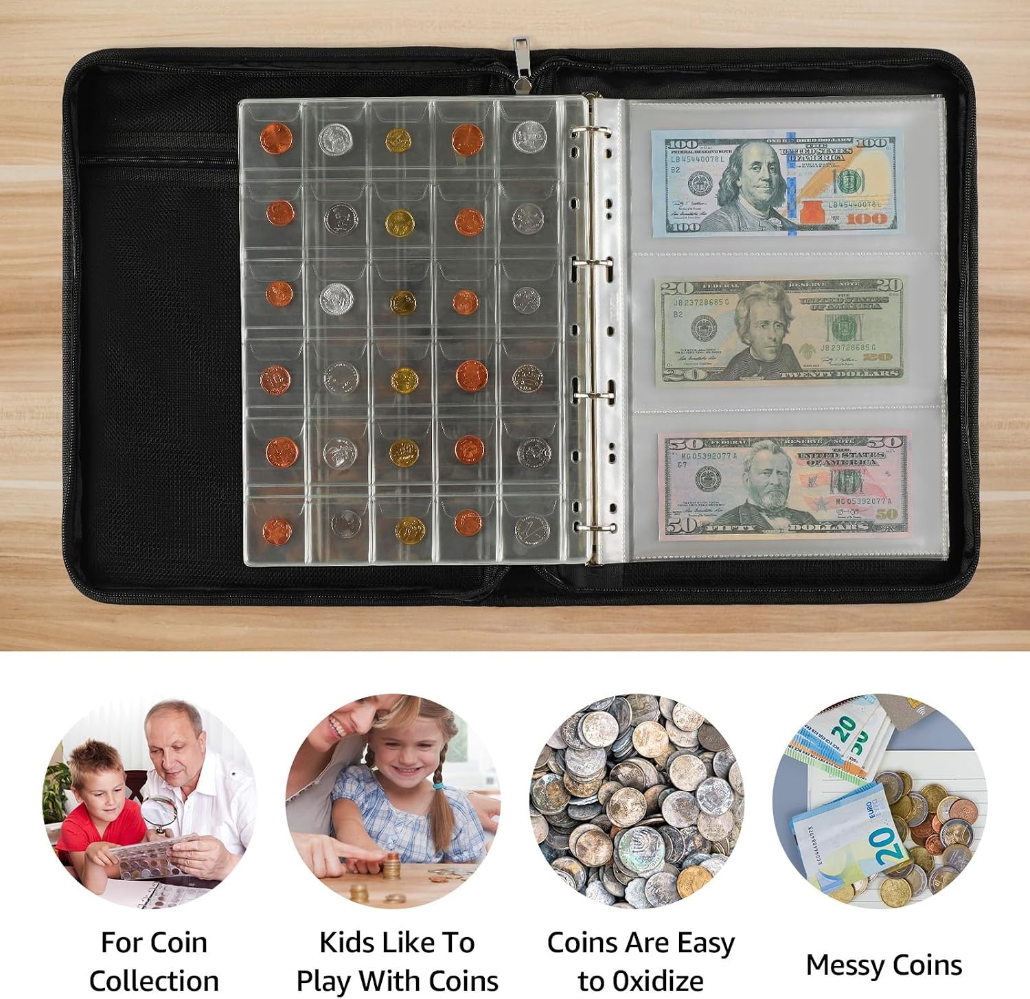 image:imageKTRIO Coin Collection Book Holder for Collectors 300 Pockets Fireproof Waterproof Coins Collecting Album amp 60 Sleeves Money Binder Display Storage Case for Quarter Currency Collection Supplies Black