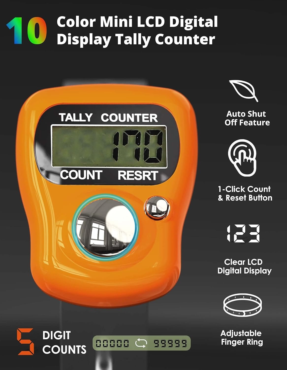 image:imageKTRIO Electronic Finger Counter 5Digit LCD Number Clicker 5Digit LCD Display OneHand Operation Adjustable Finger Ring Lightweight ABS BuildMultiUse Counter10 Colors