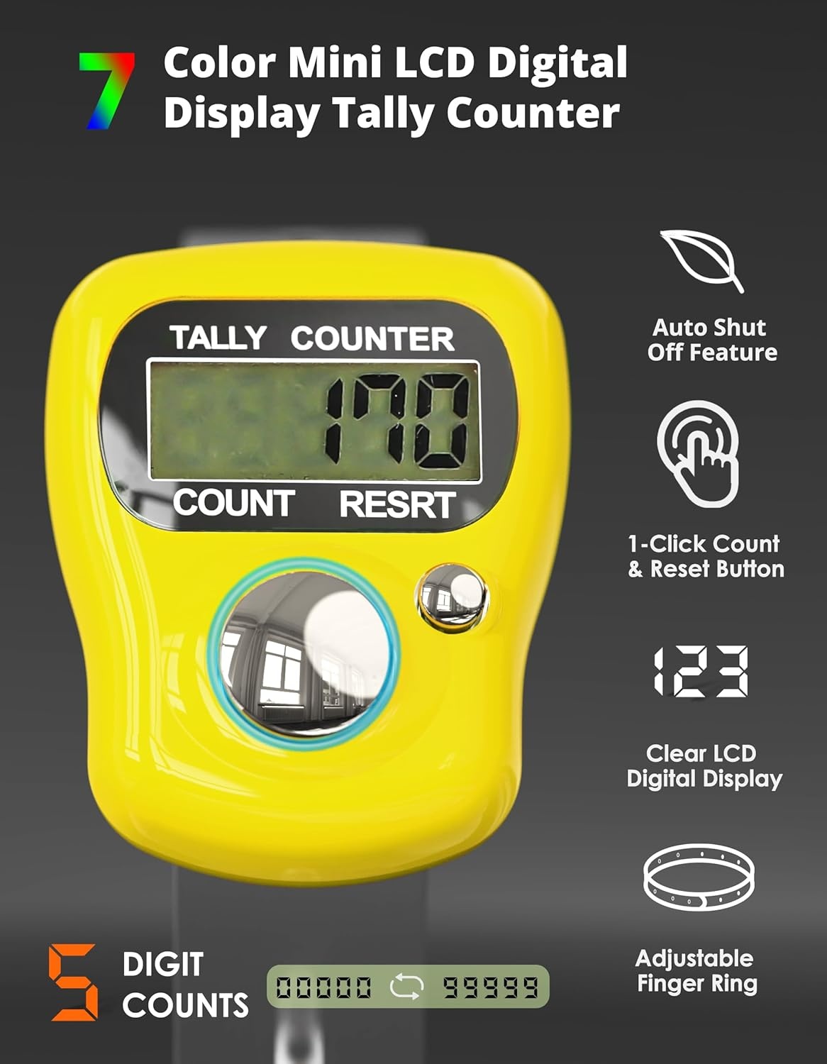 image:imageKTRIO Electronic Finger Counter 5Digit LCD Number Clicker 5Digit LCD Display OneHand Operation Adjustable Finger Ring Lightweight ABS BuildMultiUse Counter7 Colors
