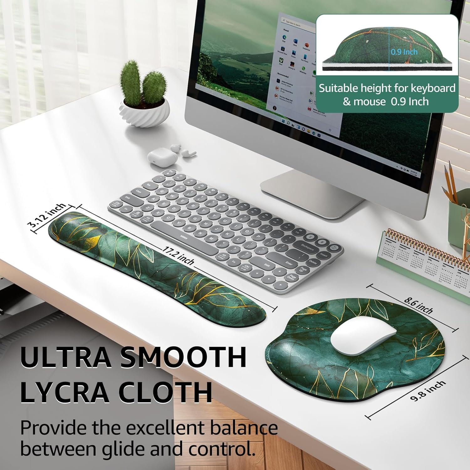 image:imageKTRIO Ergonomic Keyboard Wrist Rest Memory Foam Wrist Support Black Ergonomic Design NonSlip Base Office and Home Use Optimal Size amp Universal FitGreen Leaves