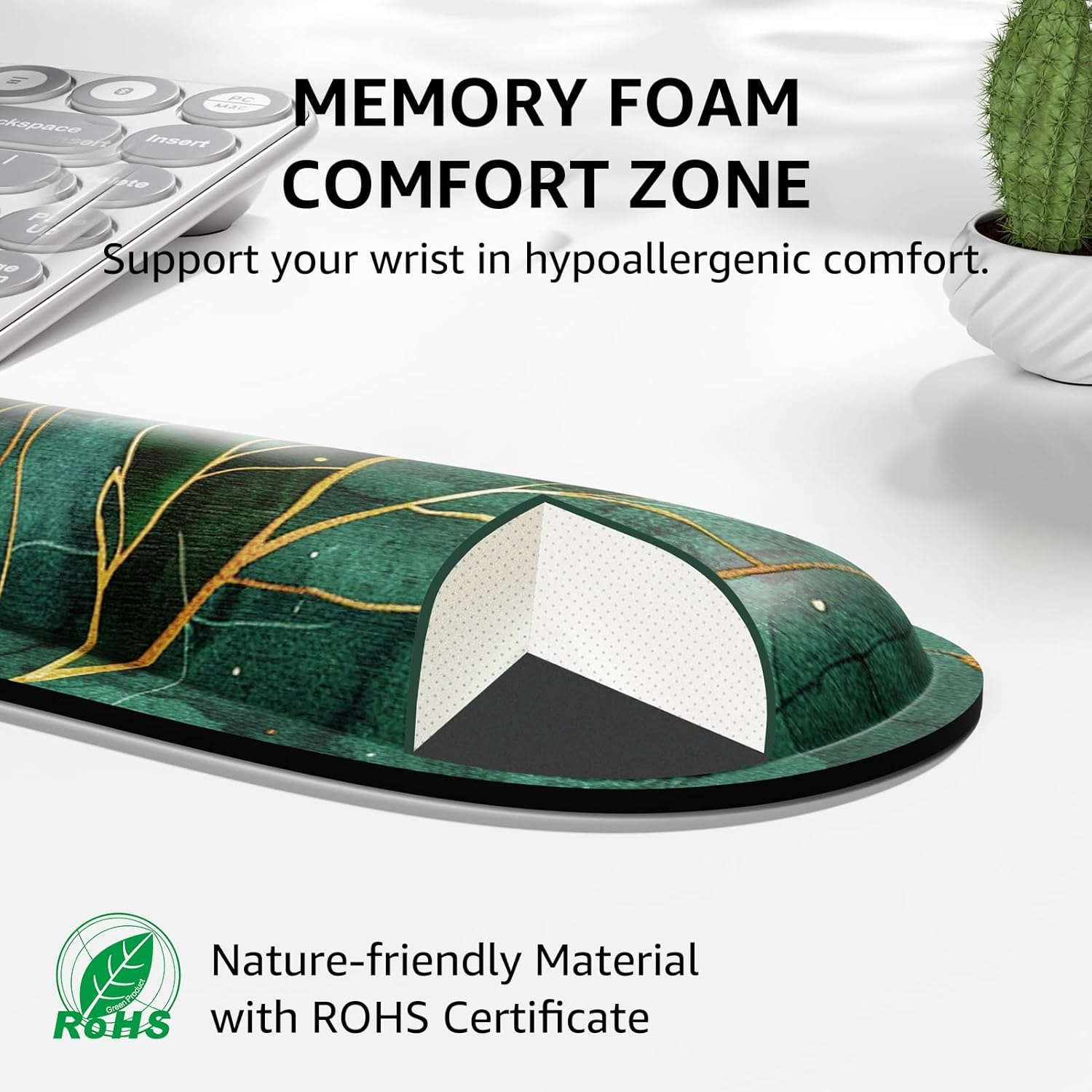 image:imageKTRIO Ergonomic Keyboard Wrist Rest Memory Foam Wrist Support Black Ergonomic Design NonSlip Base Office and Home Use Optimal Size amp Universal FitGreen Leaves