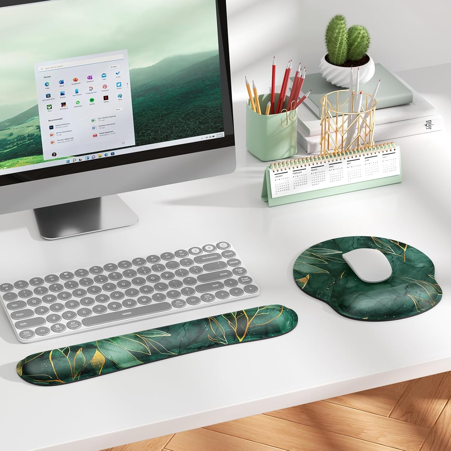 image:imageKTRIO Ergonomic Keyboard Wrist Rest Memory Foam Wrist Support Black Ergonomic Design NonSlip Base Office and Home Use Optimal Size amp Universal FitGreen Leaves