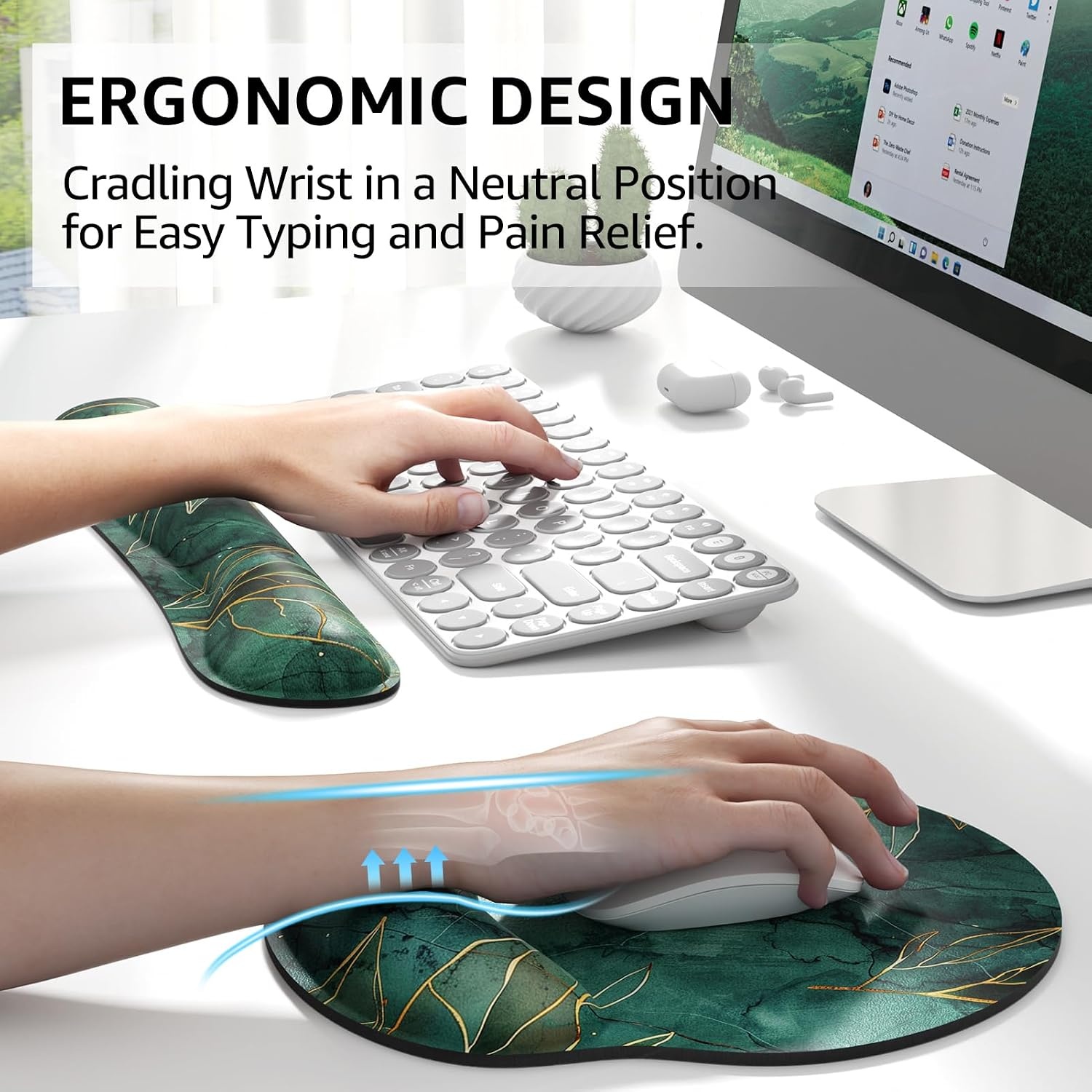 image:imageKTRIO Ergonomic Keyboard Wrist Rest Memory Foam Wrist Support Black Ergonomic Design NonSlip Base Office and Home Use Optimal Size amp Universal FitGreen Leaves