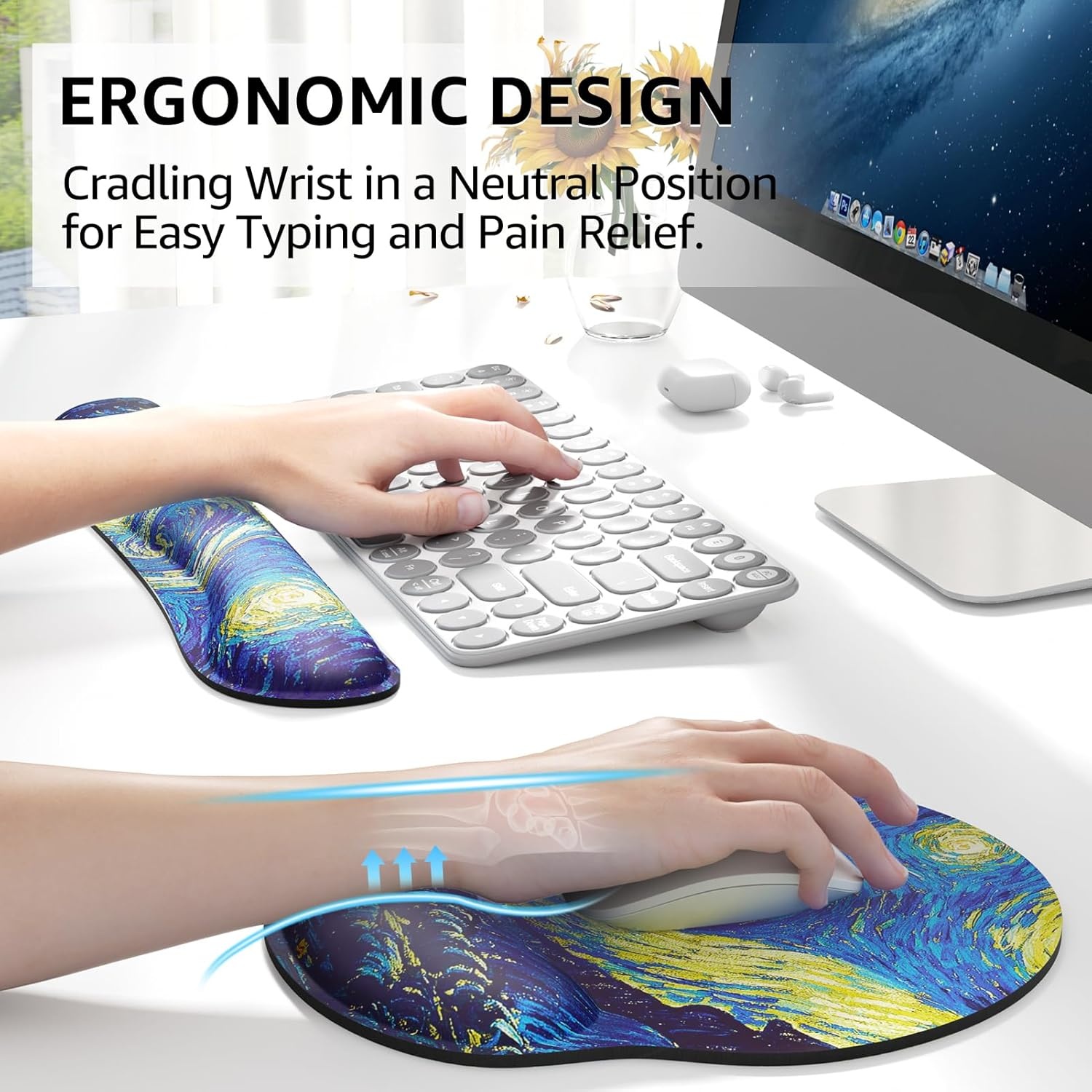 image:imageKTRIO Ergonomic Keyboard Wrist Rest Memory Foam Wrist Support Black Ergonomic Design NonSlip Base Office and Home Use Optimal Size amp Universal FitStarry Night