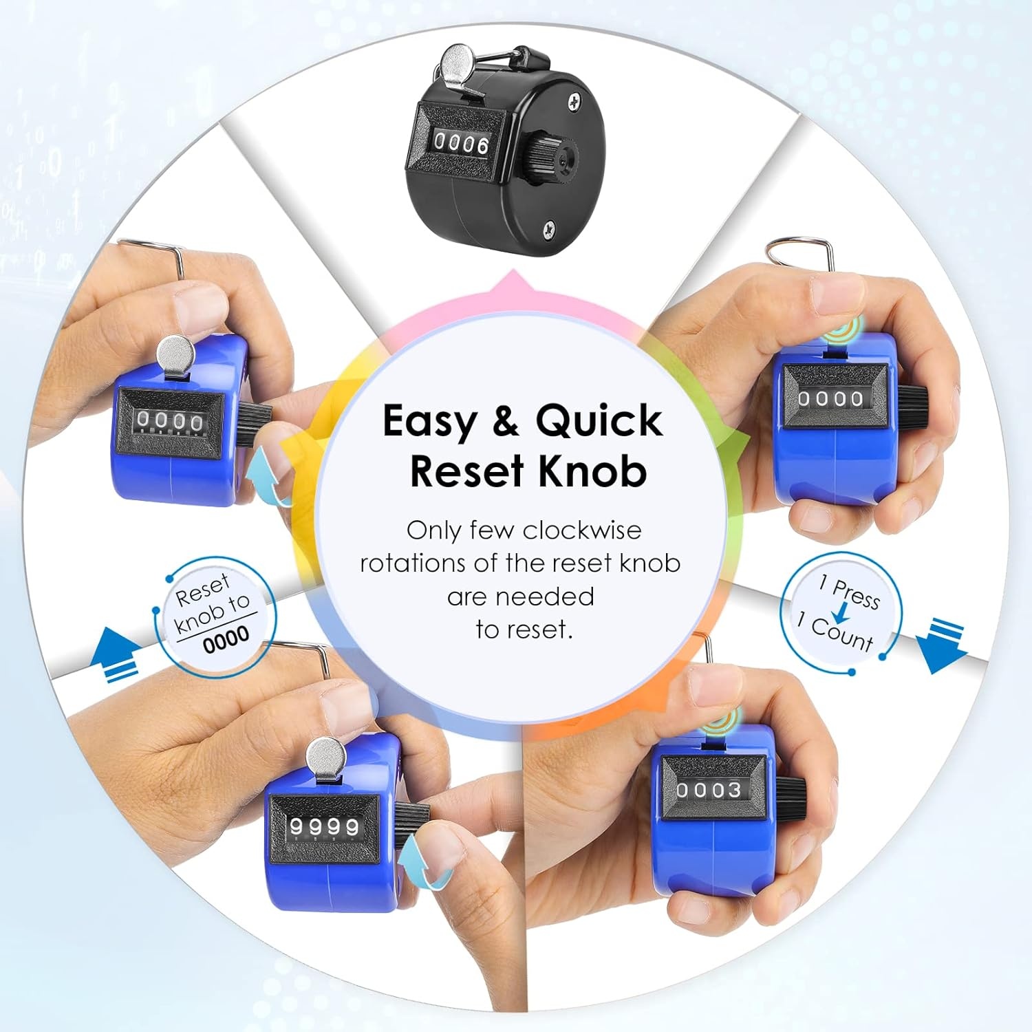 image:imageKTRIO Handheld Tally Counter 4Digit Mechanical Clicker BatteryFree Counting 4Digit Display Lightweight ABS Case Finger Ring MultiUse CounterAssorted Color