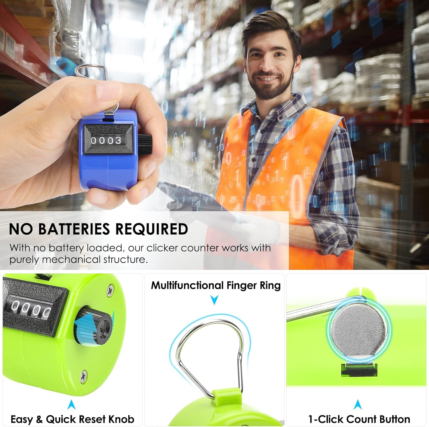image:imageKTRIO Handheld Tally Counter 4Digit Mechanical Clicker BatteryFree Counting 4Digit Display Lightweight ABS Case Finger Ring MultiUse CounterAssorted Color