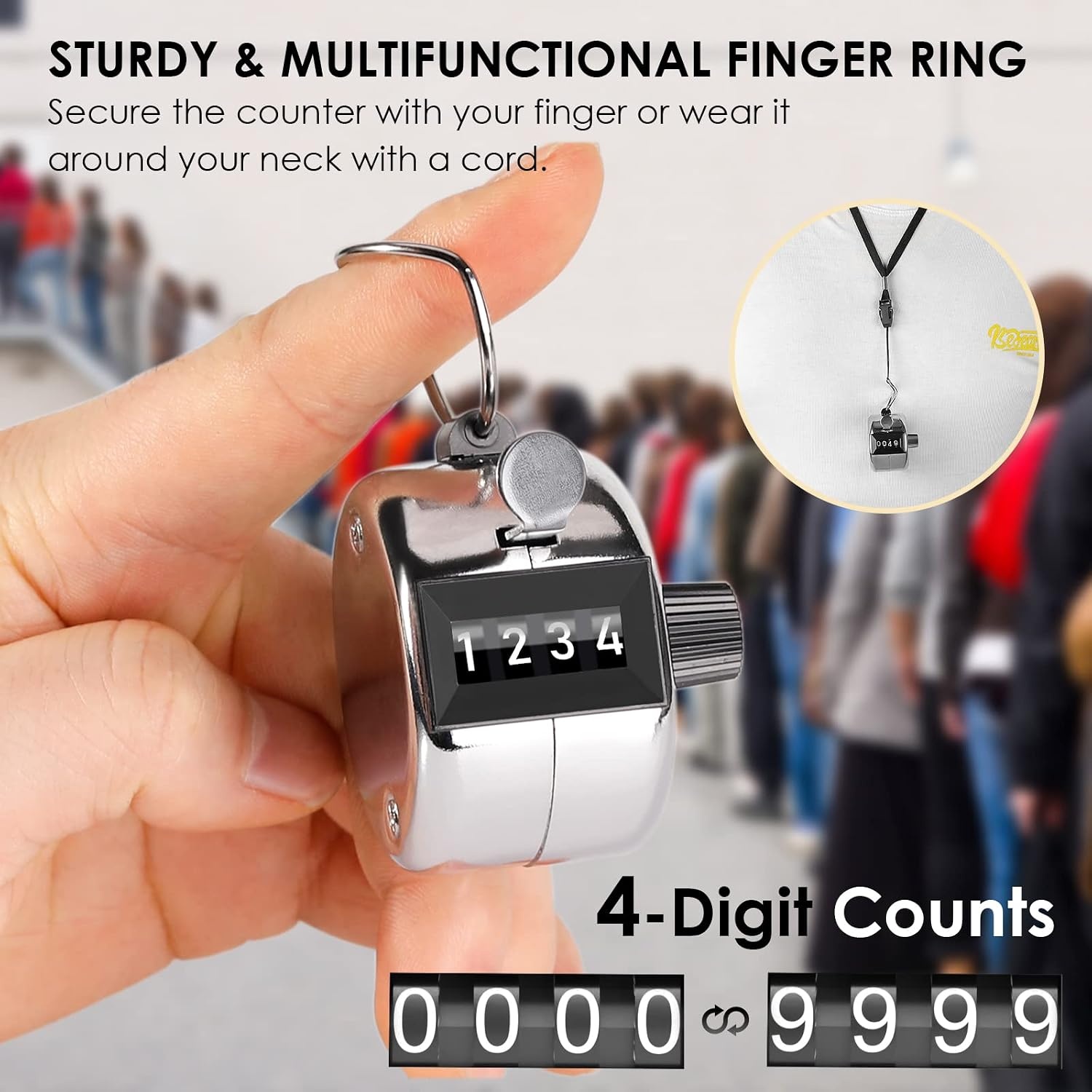 image:imageKTRIO Handheld Tally Counter 4Digit Mechanical Clicker BatteryFree Counting 4Digit Display Lightweight ABS Case Finger Ring MultiUse CounterMetallic Color