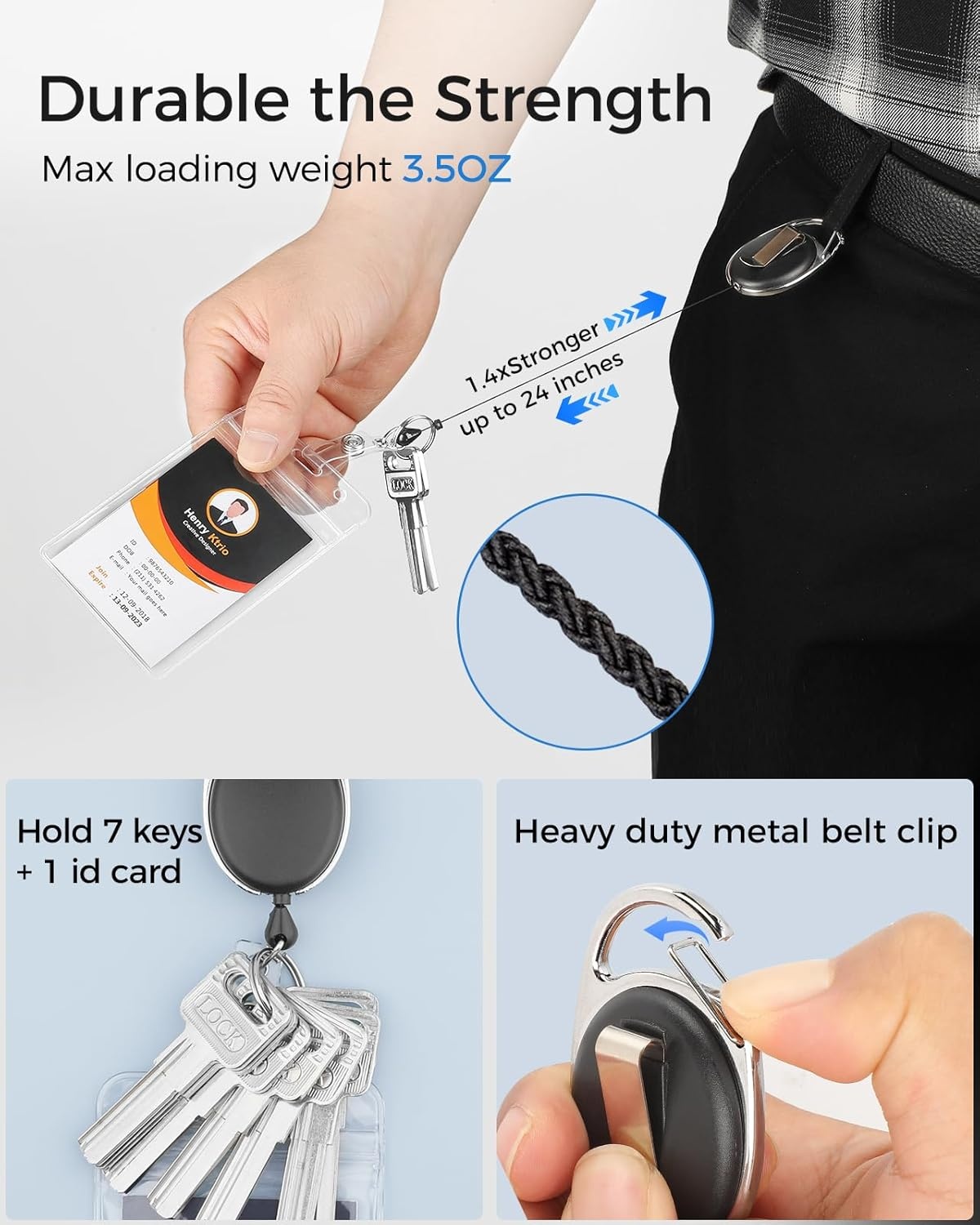 image:imageKTRIO ID Badge Holder with Retractable Reel Horizontal 2 Pack Fits 37x34 Cards Clear Horizontal Holder 24 Retractable Badge Reel Metal Clip amp Key Ring 2Pack Set2 Pcs Vertical
