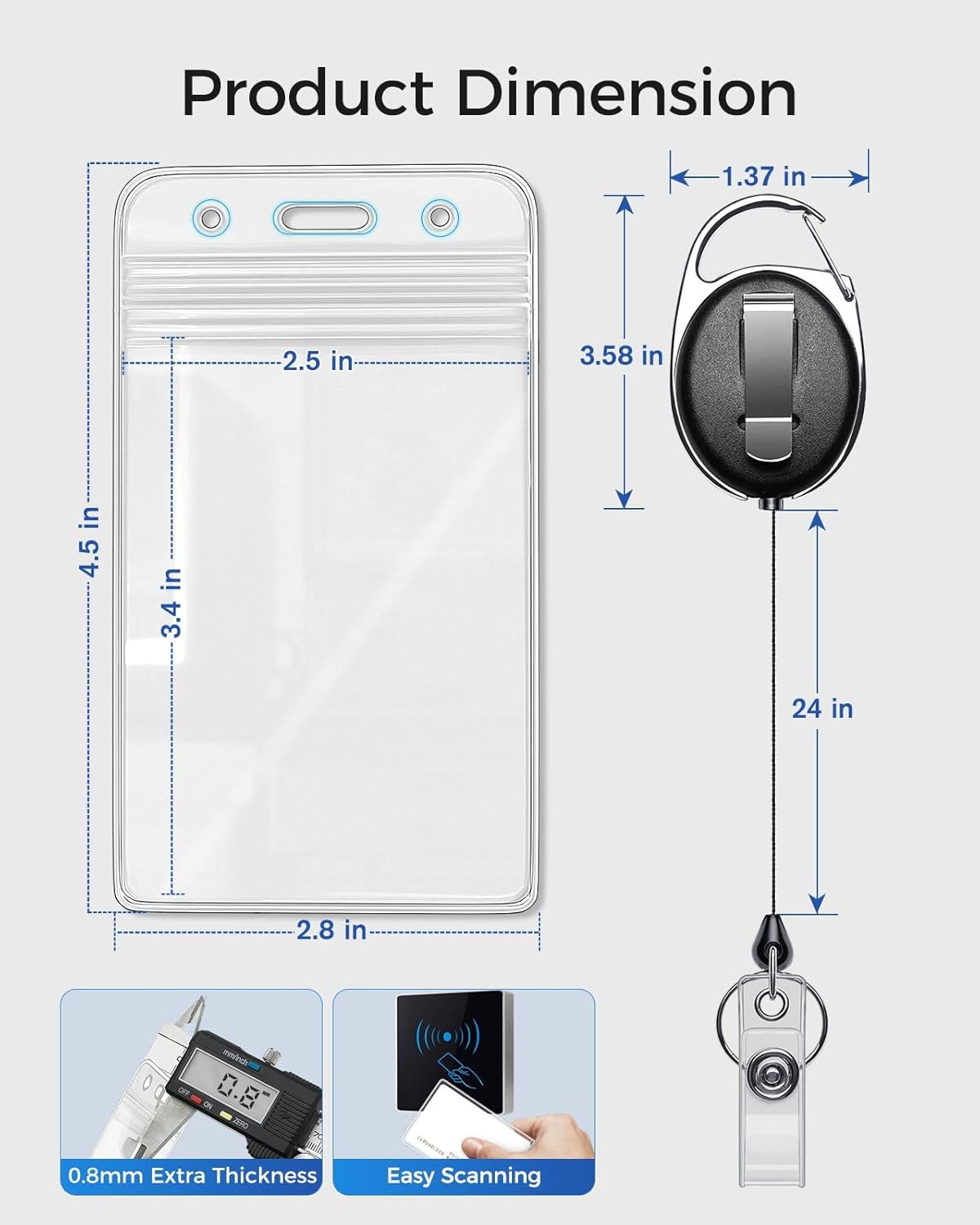 image:imageKTRIO ID Badge Holder with Retractable Reel Horizontal 2 Pack Fits 37x34 Cards Clear Horizontal Holder 24 Retractable Badge Reel Metal Clip amp Key Ring 2Pack Set2 Pcs Vertical