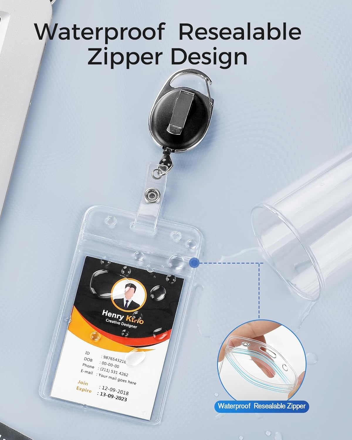 image:imageKTRIO ID Badge Holder with Retractable Reel Horizontal 2 Pack Fits 37x34 Cards Clear Horizontal Holder 24 Retractable Badge Reel Metal Clip amp Key Ring 2Pack Set5 Pcs Vertical