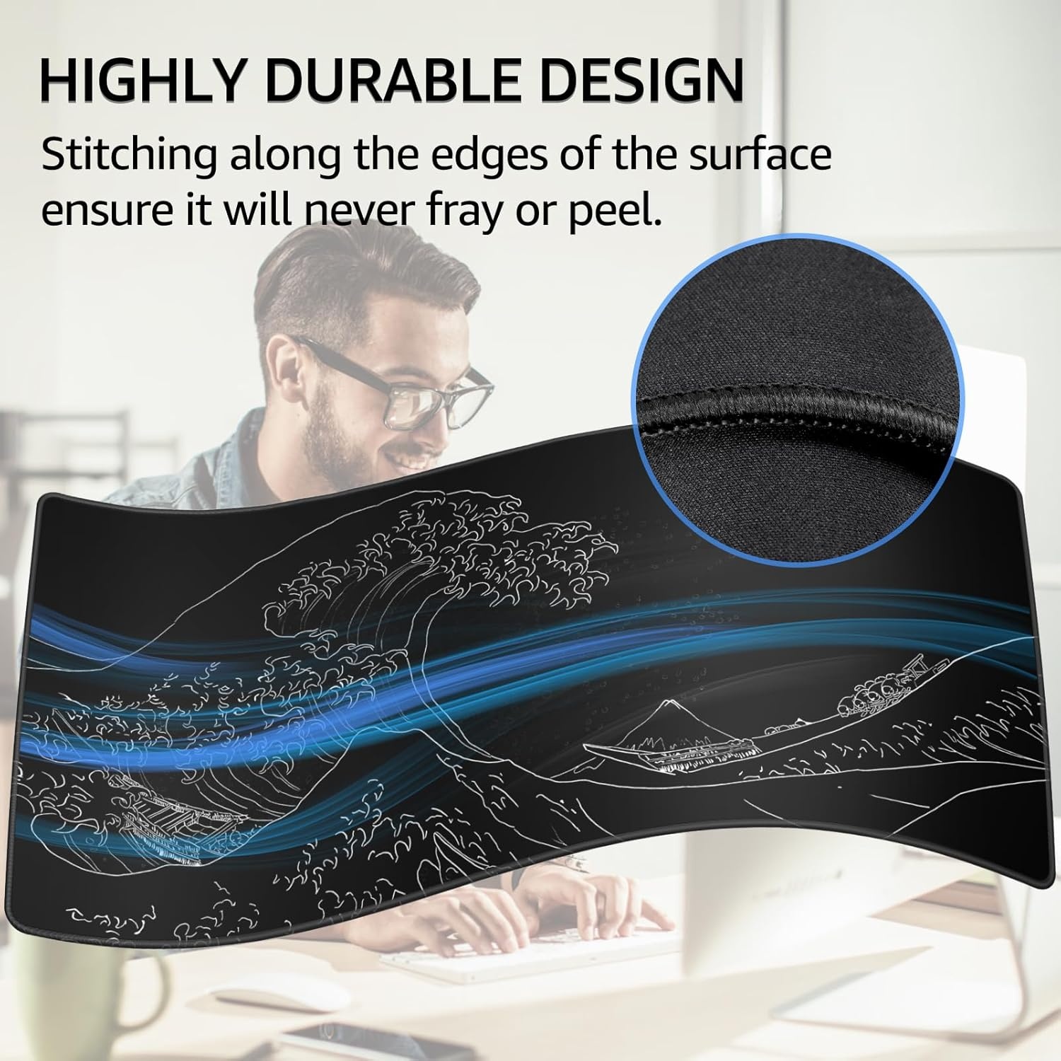 image:imageKTRIO Large Gaming Mouse Pad Desk Mat for Gamer 315 x 157 Black XXL Extended Size Design Superior MicroWeave Cloth NonSlip Rubber Base Durable Stitched Edges WaterResistant CoatingKanagawa Wave