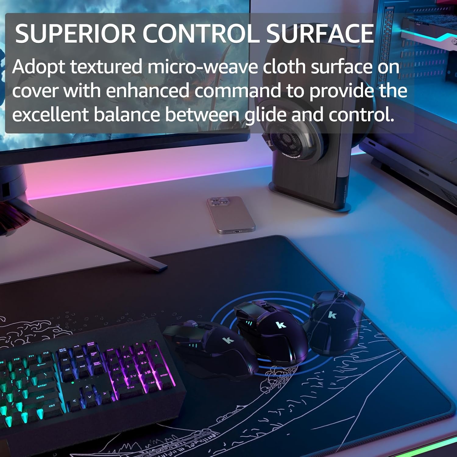 image:imageKTRIO Large Gaming Mouse Pad Desk Mat for Gamer 315 x 157 Black XXL Extended Size Design Superior MicroWeave Cloth NonSlip Rubber Base Durable Stitched Edges WaterResistant CoatingKanagawa Wave