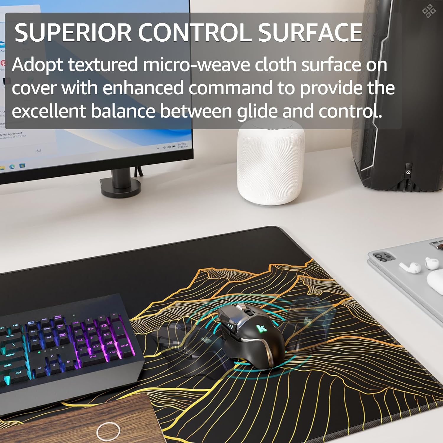 image:imageKTRIO Large Gaming Mouse Pad Desk Mat for Gamer 315 x 157 Black XXL Extended Size Design Superior MicroWeave Cloth NonSlip Rubber Base Durable Stitched Edges WaterResistant CoatingBright Rise