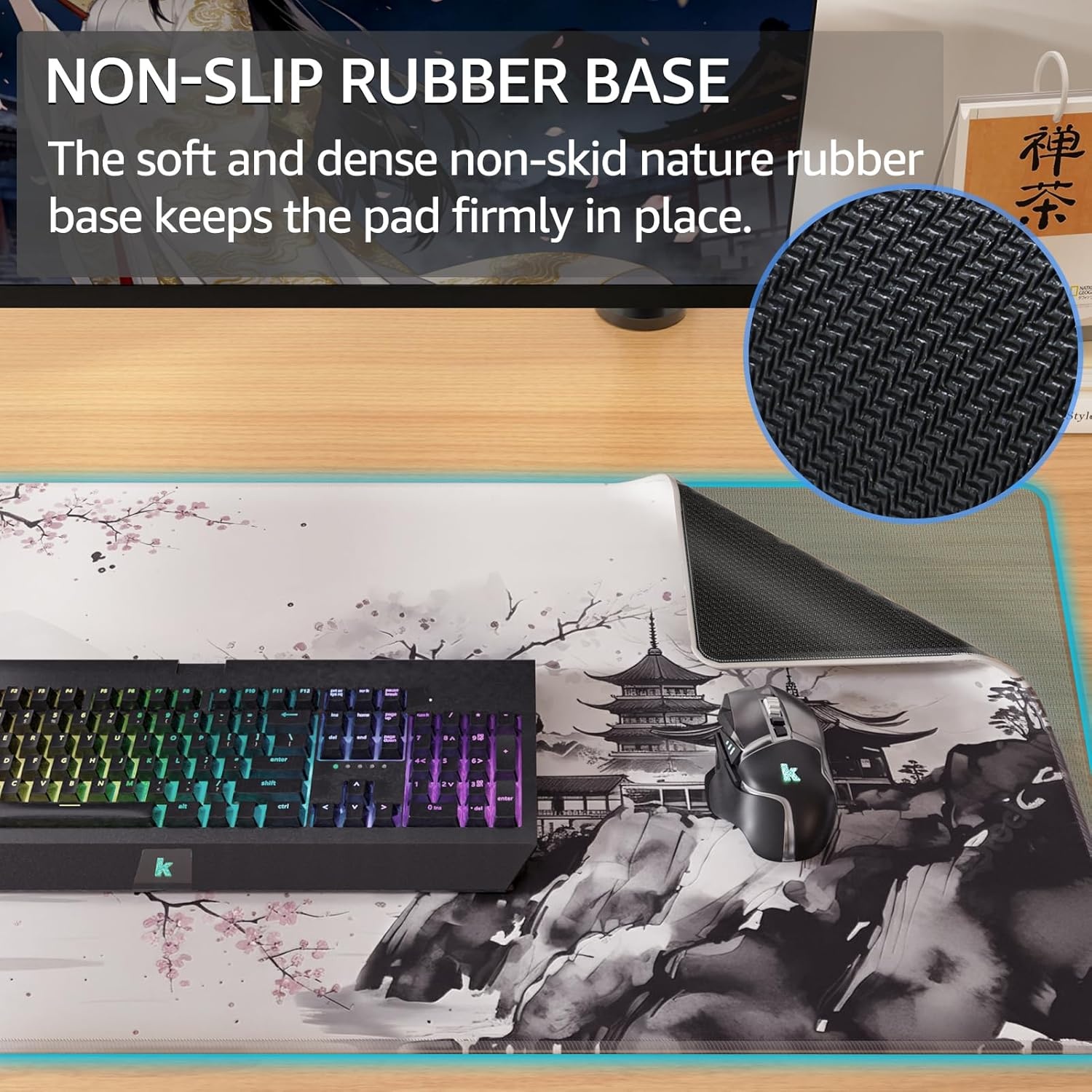 image:imageKTRIO Large Gaming Mouse Pad Desk Mat for Gamer 315 x 157 Black XXL Extended Size Design Superior MicroWeave Cloth NonSlip Rubber Base Durable Stitched Edges WaterResistant CoatingZen Sakura