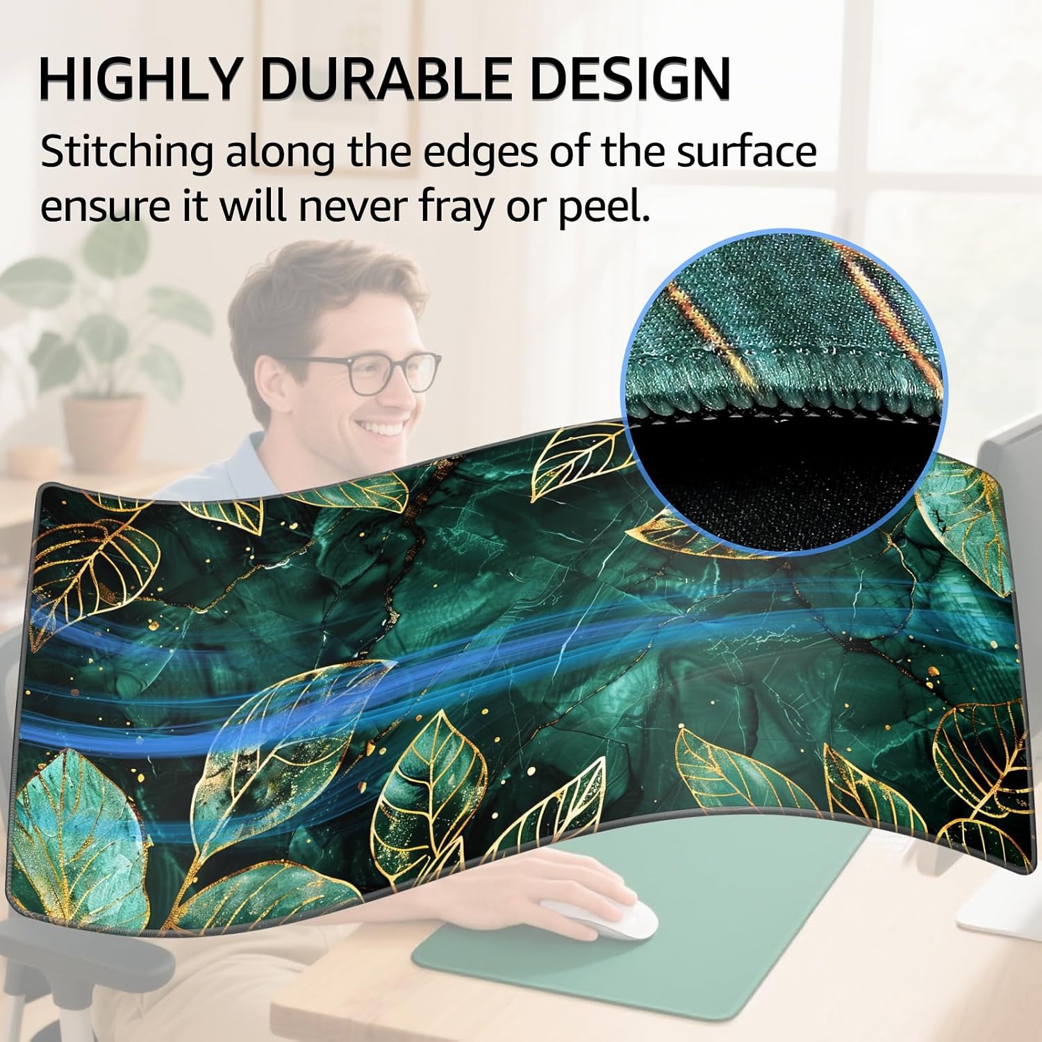 image:imageKTRIO Large Gaming Mouse Pad Desk Mat for Gamer 315 x 157 Black XXL Extended Size Design Superior MicroWeave Cloth NonSlip Rubber Base Durable Stitched Edges WaterResistant CoatingGreen Leaves