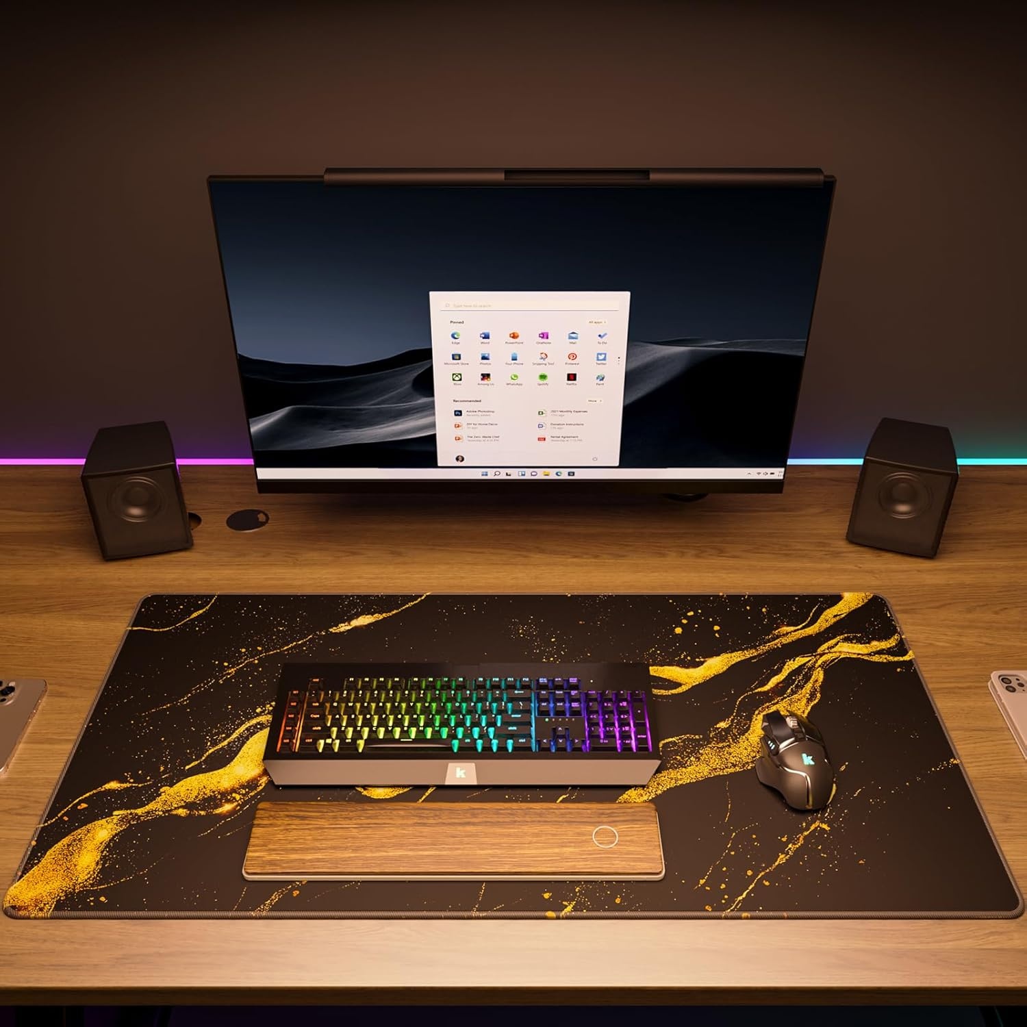 image:imageKTRIO Large Gaming Mouse Pad Desk Mat for Gamer 315 x 157 Black XXL Extended Size Design Superior MicroWeave Cloth NonSlip Rubber Base Durable Stitched Edges WaterResistant CoatingBlack Gold