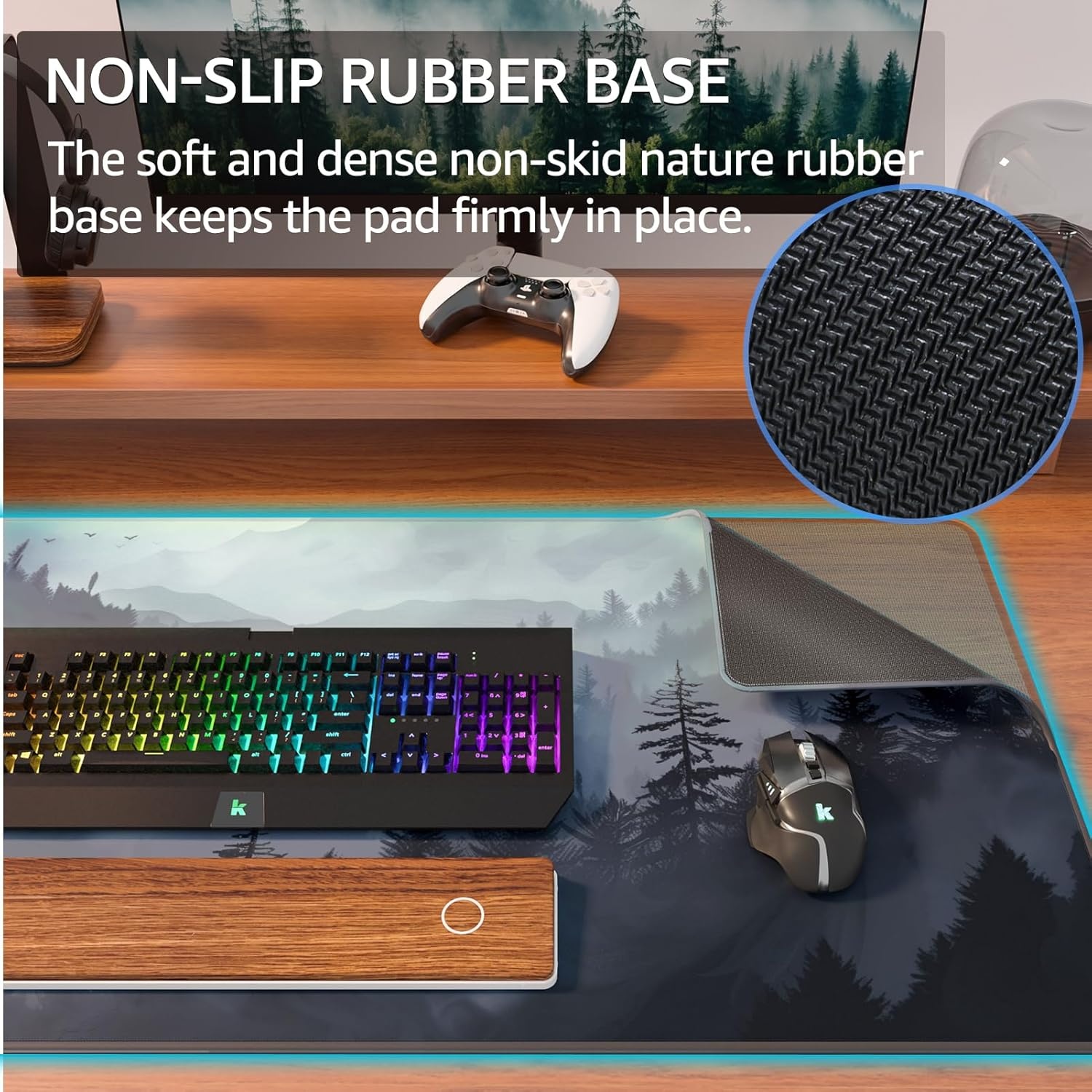 image:imageKTRIO Large Gaming Mouse Pad Desk Mat for Gamer 315 x 157 Black XXL Extended Size Design Superior MicroWeave Cloth NonSlip Rubber Base Durable Stitched Edges WaterResistant CoatingCloud Forest