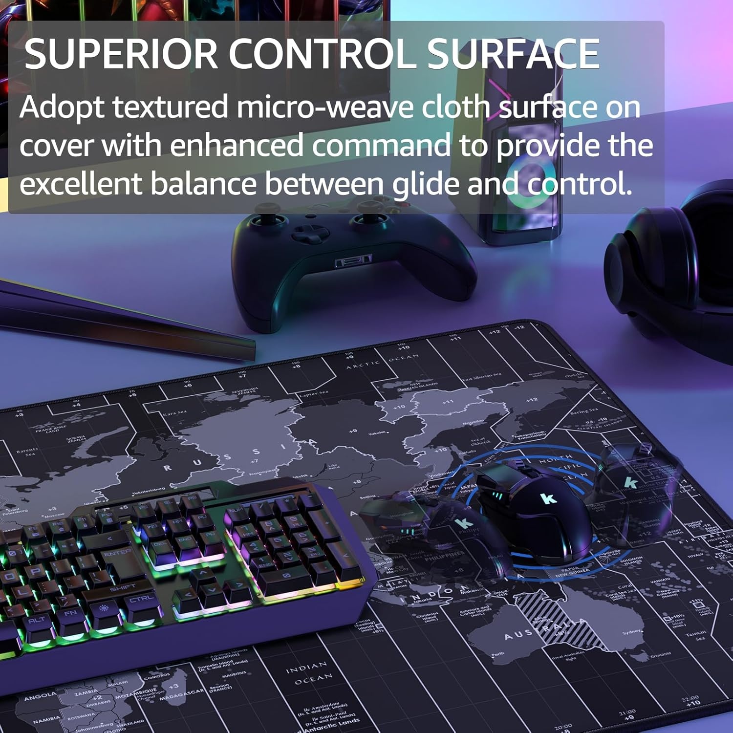 image:imageKTRIO Large Gaming Mouse Pad Desk Mat for Gamer 315 x 157 Black XXL Extended Size Design Superior MicroWeave Cloth NonSlip Rubber Base Durable Stitched Edges WaterResistant CoatingWorld Map