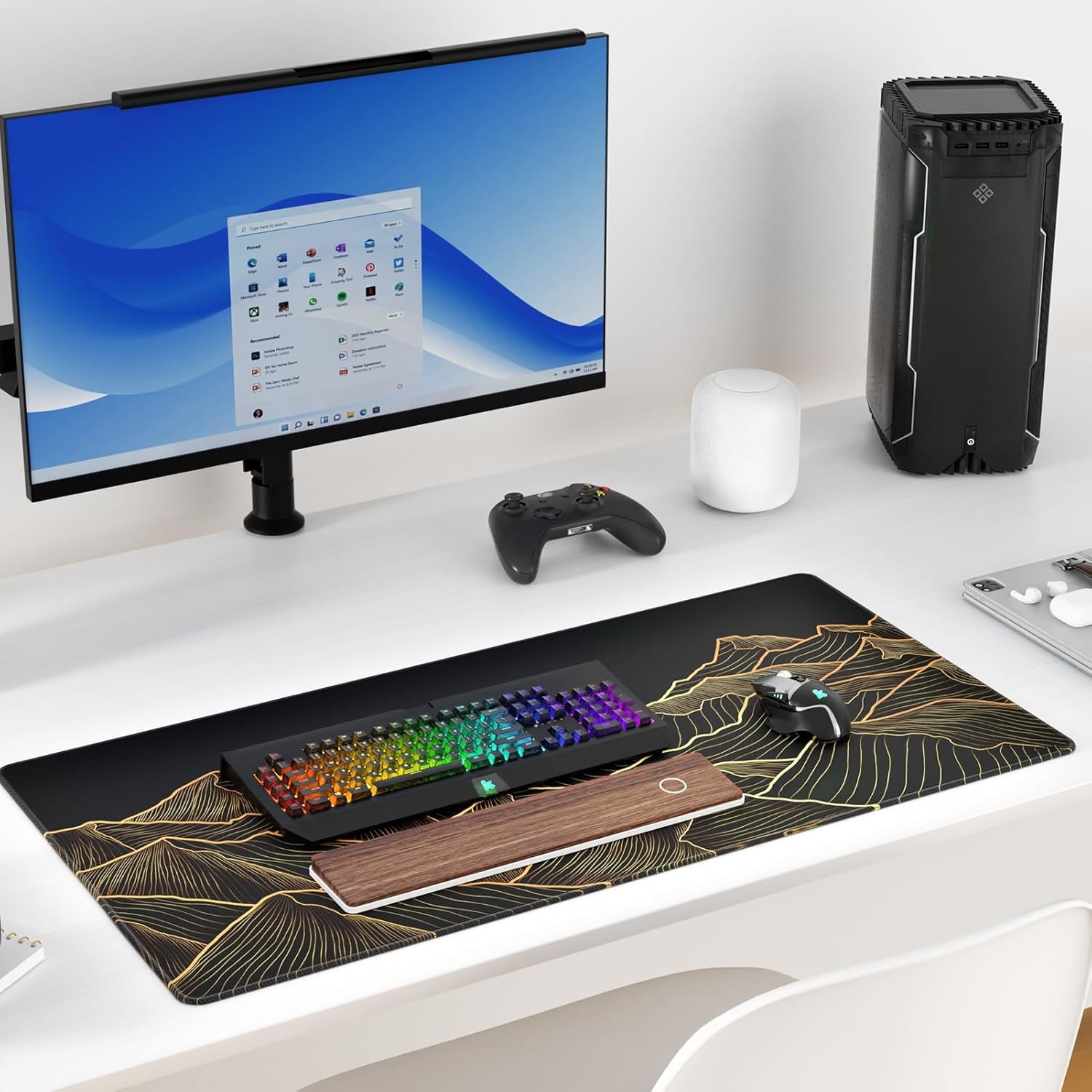 image:imageKTRIO Large Gaming Mouse Pad Desk Mat for Gamer 315 x 157 Black XXL Extended Size Design Superior MicroWeave Cloth NonSlip Rubber Base Durable Stitched Edges WaterResistant CoatingBright Rise