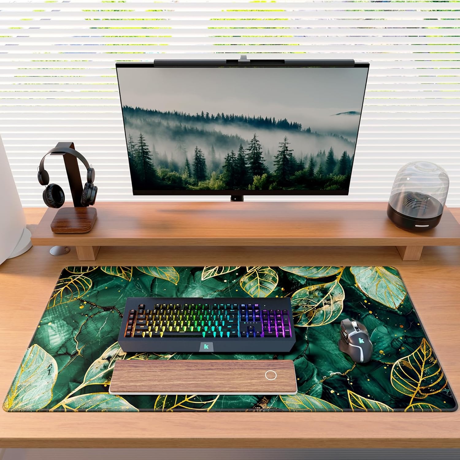 image:imageKTRIO Large Gaming Mouse Pad Desk Mat for Gamer 315 x 157 Black XXL Extended Size Design Superior MicroWeave Cloth NonSlip Rubber Base Durable Stitched Edges WaterResistant CoatingGreen Leaves