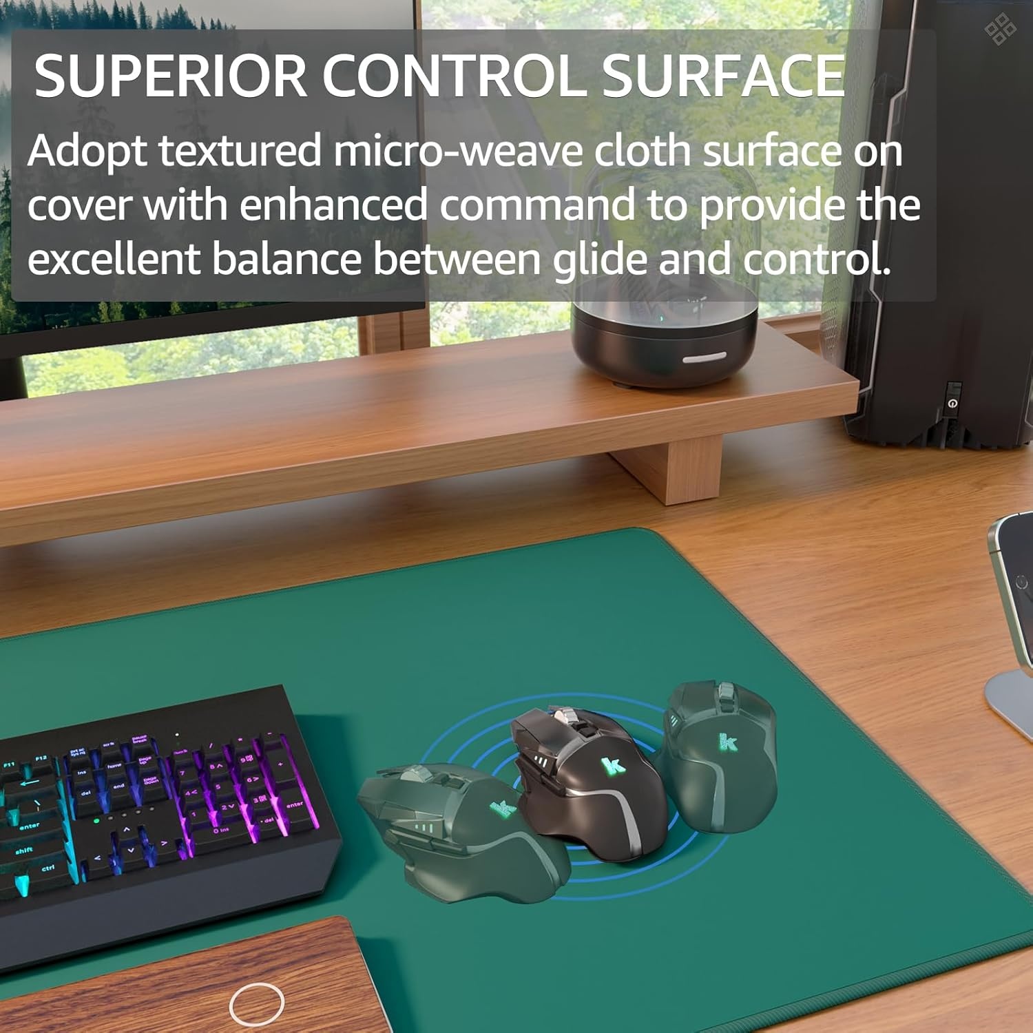 image:imageKTRIO Large Gaming Mouse Pad Desk Mat for Gamer 315 x 157 Black XXL Extended Size Design Superior MicroWeave Cloth NonSlip Rubber Base Durable Stitched Edges WaterResistant CoatingForest Green