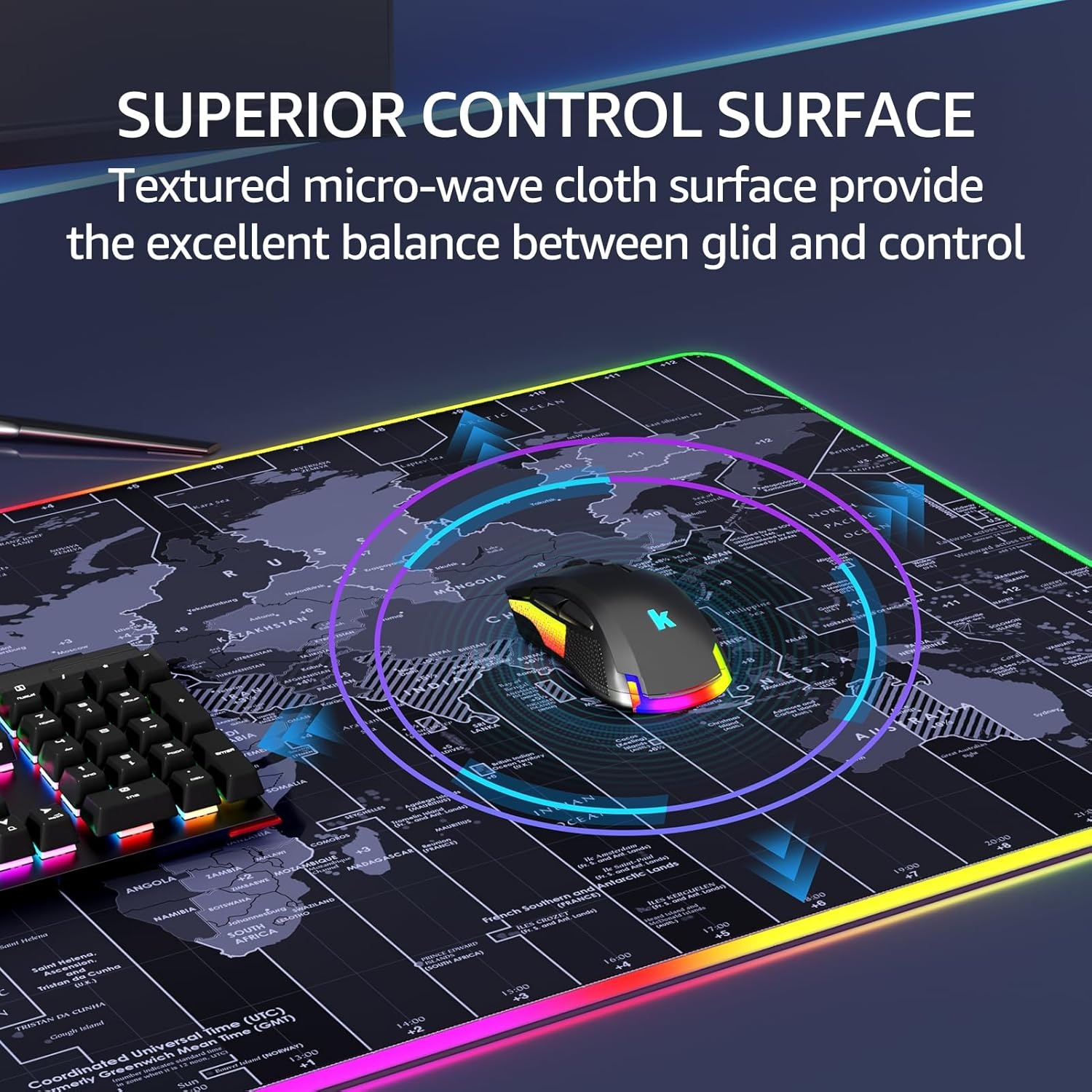 image:imageKTRIO Large Gaming Mouse Pad Desk Mat for Gamer 315 x 157 Black XXL Extended Size Design Superior MicroWeave Cloth NonSlip Rubber Base Durable Stitched Edges WaterResistant CoatingRGB Map