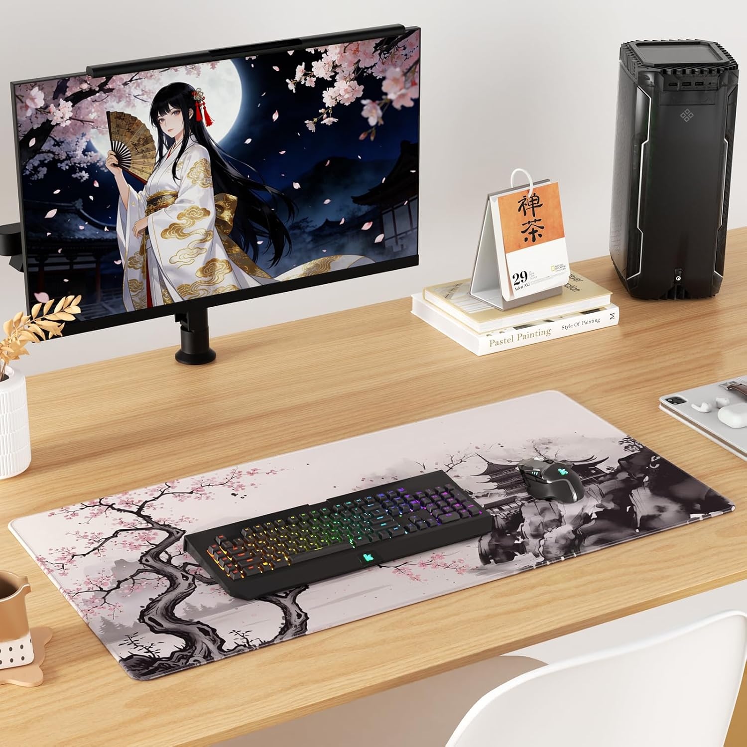 image:imageKTRIO Large Gaming Mouse Pad Desk Mat for Gamer 315 x 157 Black XXL Extended Size Design Superior MicroWeave Cloth NonSlip Rubber Base Durable Stitched Edges WaterResistant CoatingZen Sakura
