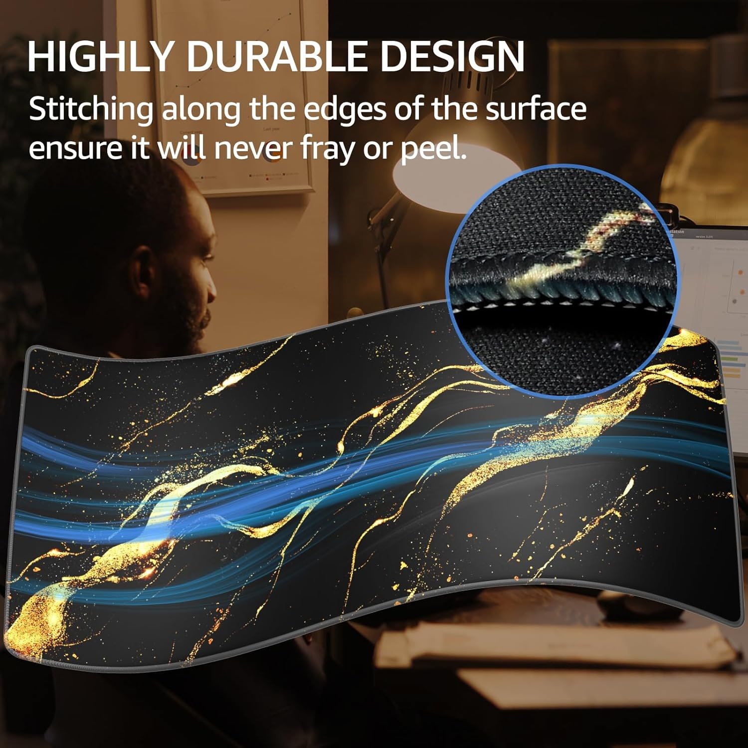 image:imageKTRIO Large Gaming Mouse Pad Desk Mat for Gamer 315 x 157 Black XXL Extended Size Design Superior MicroWeave Cloth NonSlip Rubber Base Durable Stitched Edges WaterResistant CoatingBlack Gold