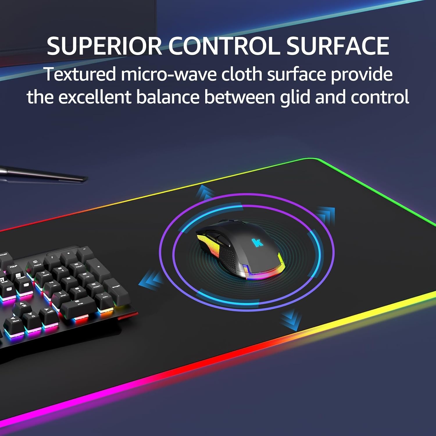 image:imageKTRIO Large Gaming Mouse Pad Desk Mat for Gamer 315 x 157 Black XXL Extended Size Design Superior MicroWeave Cloth NonSlip Rubber Base Durable Stitched Edges WaterResistant CoatingRGB Black