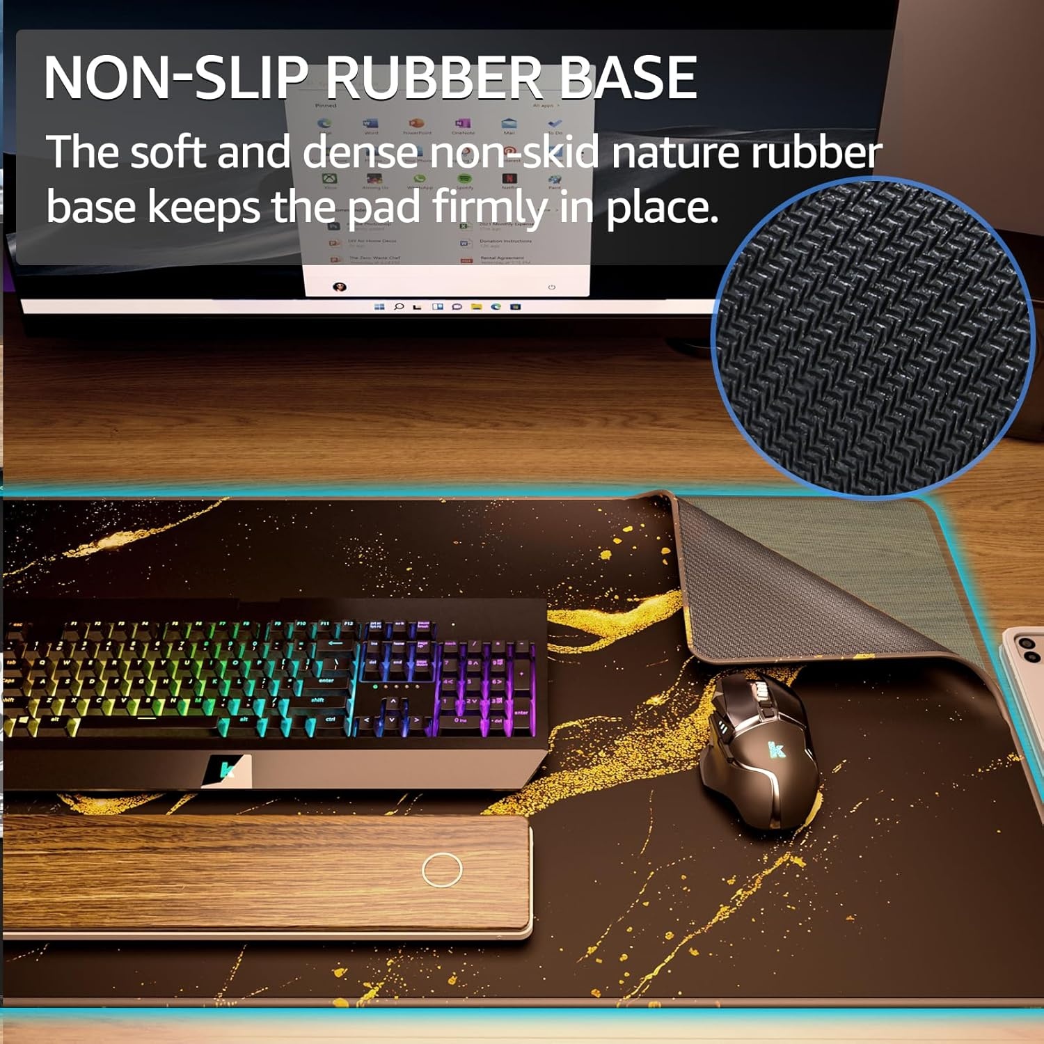 image:imageKTRIO Large Gaming Mouse Pad Desk Mat for Gamer 315 x 157 Black XXL Extended Size Design Superior MicroWeave Cloth NonSlip Rubber Base Durable Stitched Edges WaterResistant CoatingBlack Gold