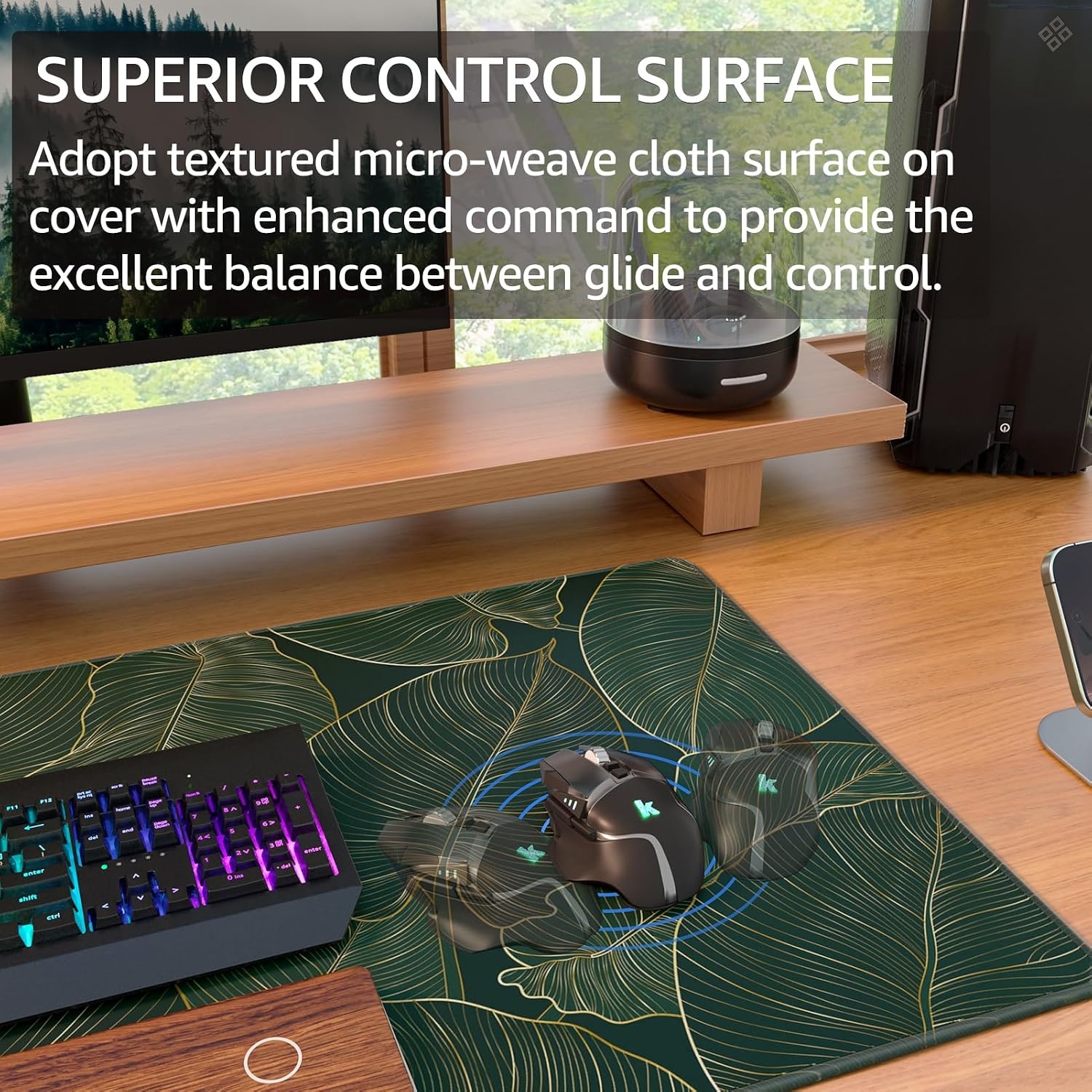 image:imageKTRIO Large Gaming Mouse Pad Desk Mat for Gamer 315 x 157 Black XXL Extended Size Design Superior MicroWeave Cloth NonSlip Rubber Base Durable Stitched Edges WaterResistant CoatingGolden Leaves