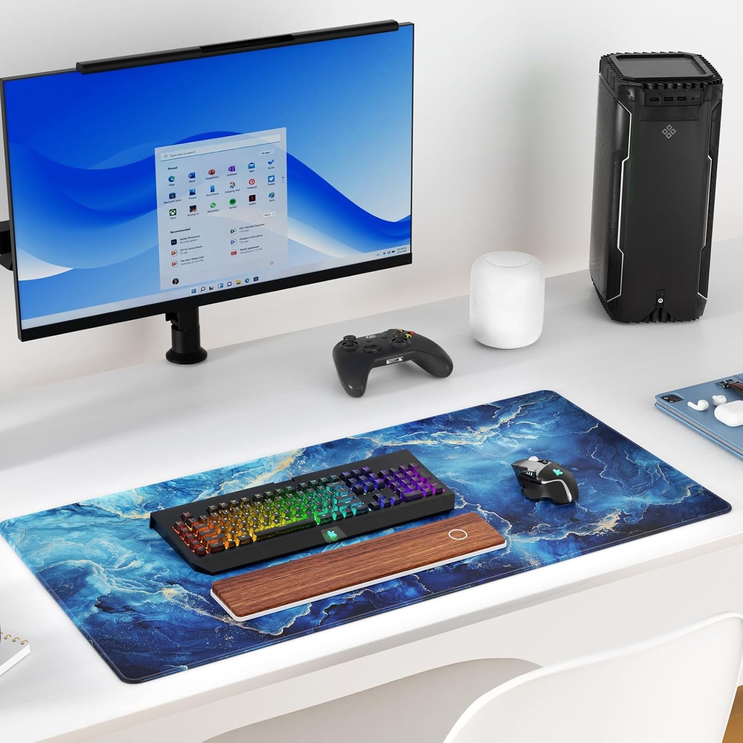 image:imageKTRIO Large Gaming Mouse Pad Desk Mat for Gamer 315 x 157 Black XXL Extended Size Design Superior MicroWeave Cloth NonSlip Rubber Base Durable Stitched Edges WaterResistant CoatingBlue Marble