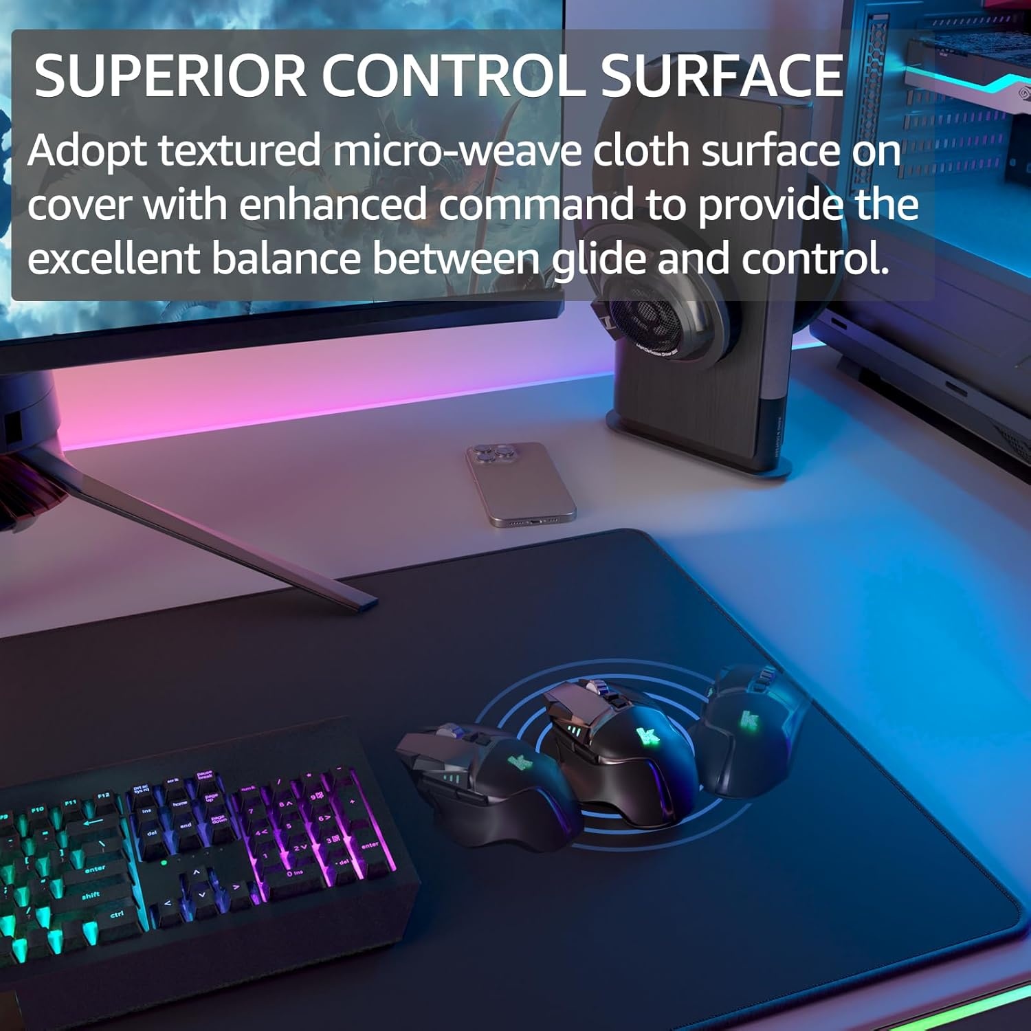 image:imageKTRIO Large Gaming Mouse Pad Desk Mat for Gamer 315 x 157 Black XXL Extended Size Design Superior MicroWeave Cloth NonSlip Rubber Base Durable Stitched Edges WaterResistant CoatingBlack Stealth
