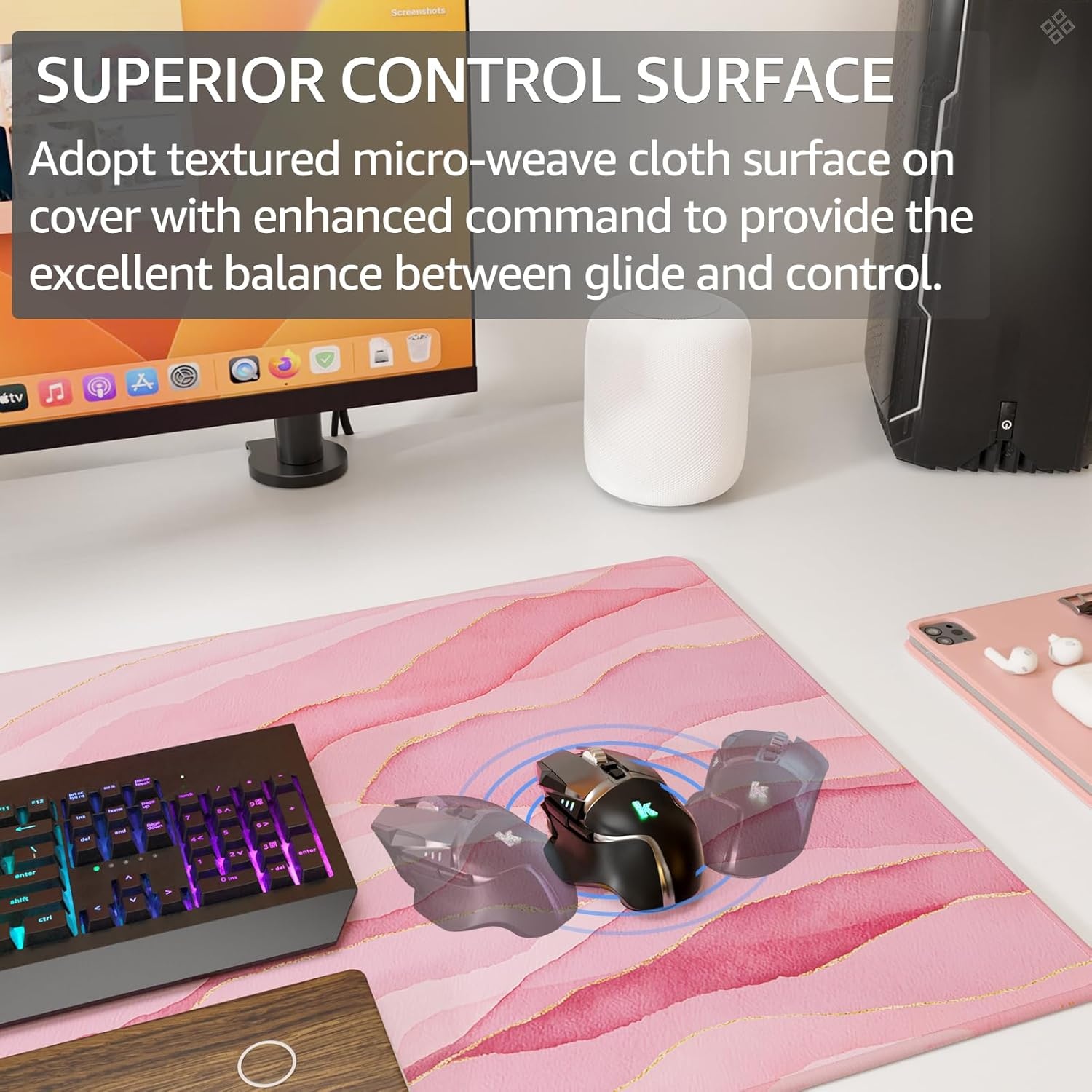 image:imageKTRIO Large Gaming Mouse Pad Desk Mat for Gamer 315 x 157 Black XXL Extended Size Design Superior MicroWeave Cloth NonSlip Rubber Base Durable Stitched Edges WaterResistant CoatingPink Glow