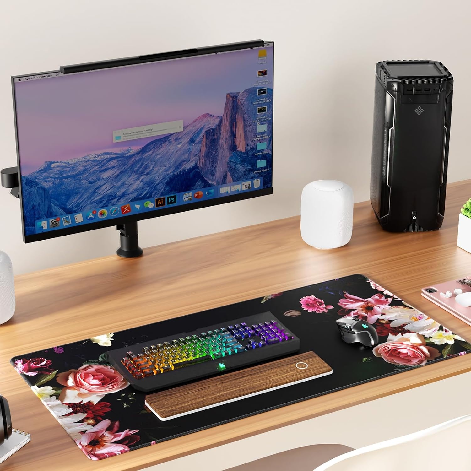 image:imageKTRIO Large Gaming Mouse Pad Desk Mat for Gamer 315 x 157 Black XXL Extended Size Design Superior MicroWeave Cloth NonSlip Rubber Base Durable Stitched Edges WaterResistant CoatingPeony Flower