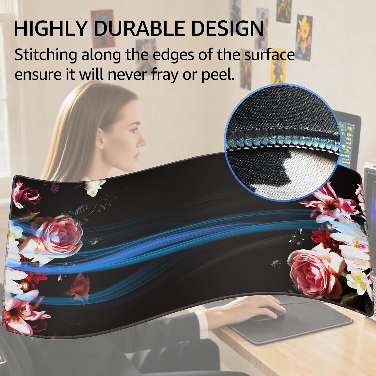image:imageKTRIO Large Gaming Mouse Pad Desk Mat for Gamer 315 x 157 Black XXL Extended Size Design Superior MicroWeave Cloth NonSlip Rubber Base Durable Stitched Edges WaterResistant CoatingPeony Flower