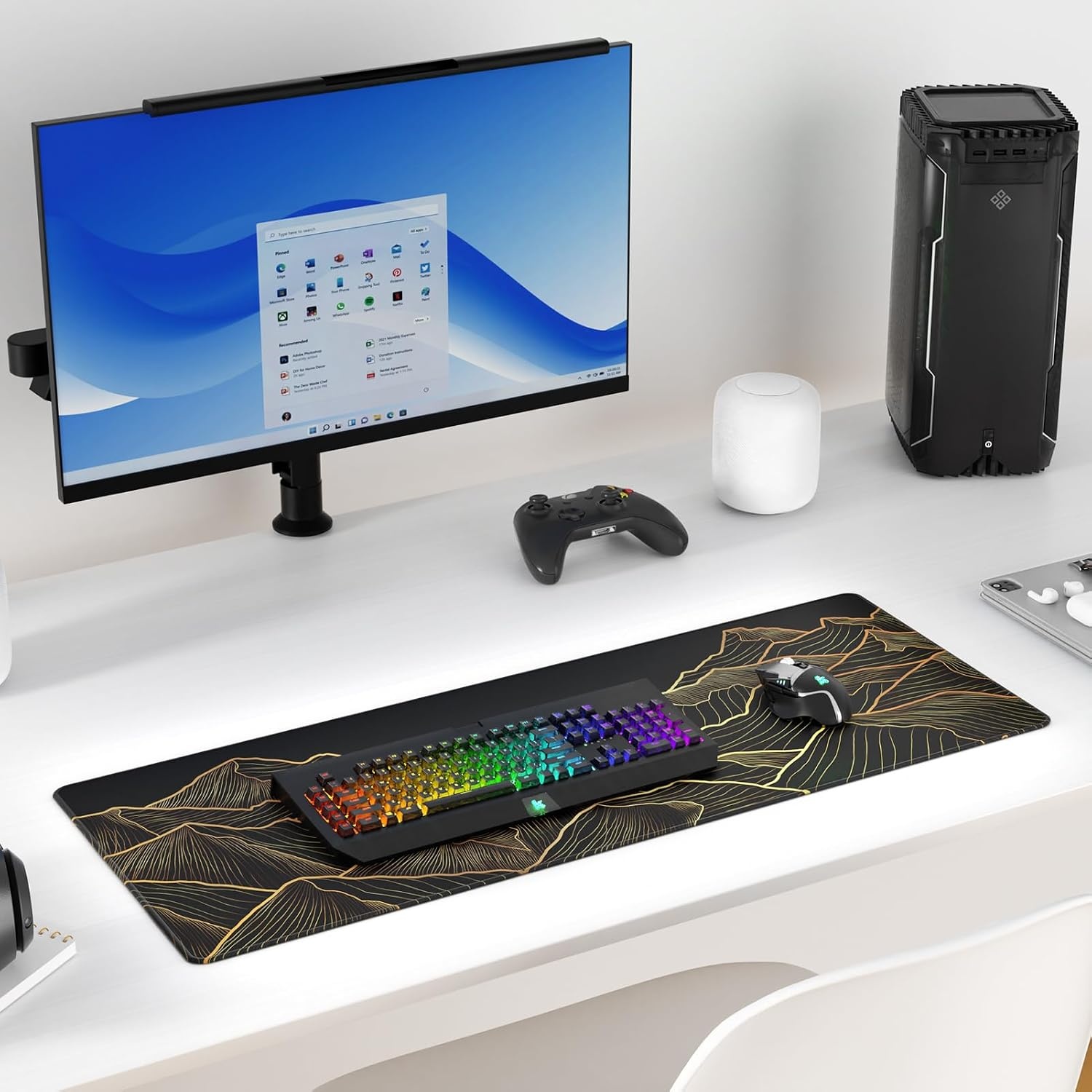 image:imageKTRIO Large Gaming Mouse Pad Desk Mat for Gamer 315 x 157 Black XXL Extended Size Design Superior MicroWeave Cloth NonSlip Rubber Base Durable Stitched Edges WaterResistant CoatingBright Rise