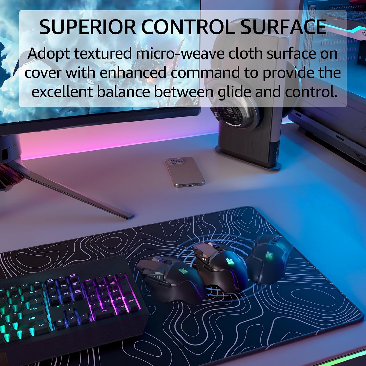 image:imageKTRIO Large Gaming Mouse Pad Desk Mat for Gamer 315 x 157 Black XXL Extended Size Design Superior MicroWeave Cloth NonSlip Rubber Base Durable Stitched Edges WaterResistant CoatingBlack Topographic