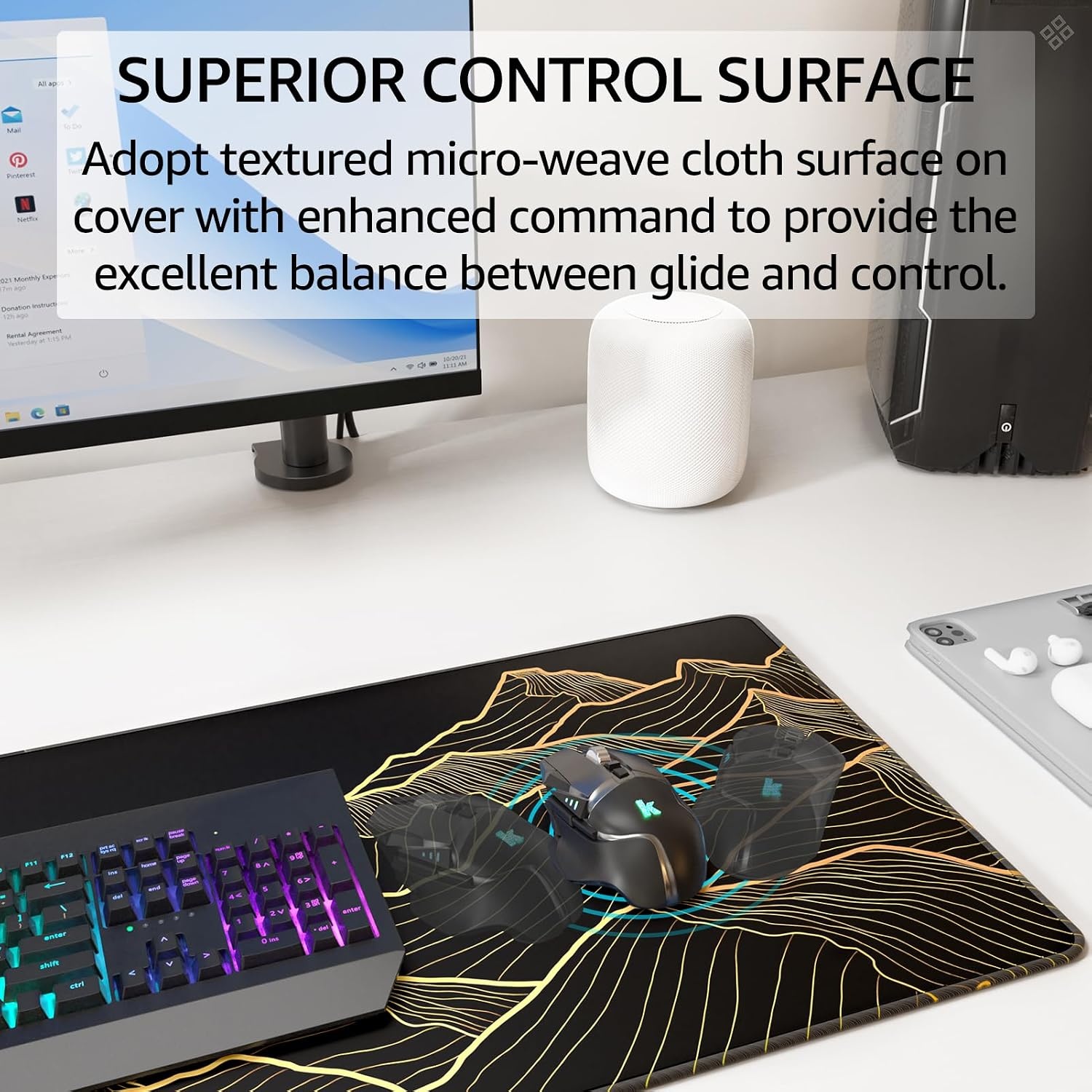 image:imageKTRIO Large Gaming Mouse Pad Desk Mat for Gamer 315 x 157 Black XXL Extended Size Design Superior MicroWeave Cloth NonSlip Rubber Base Durable Stitched Edges WaterResistant CoatingBright Rise