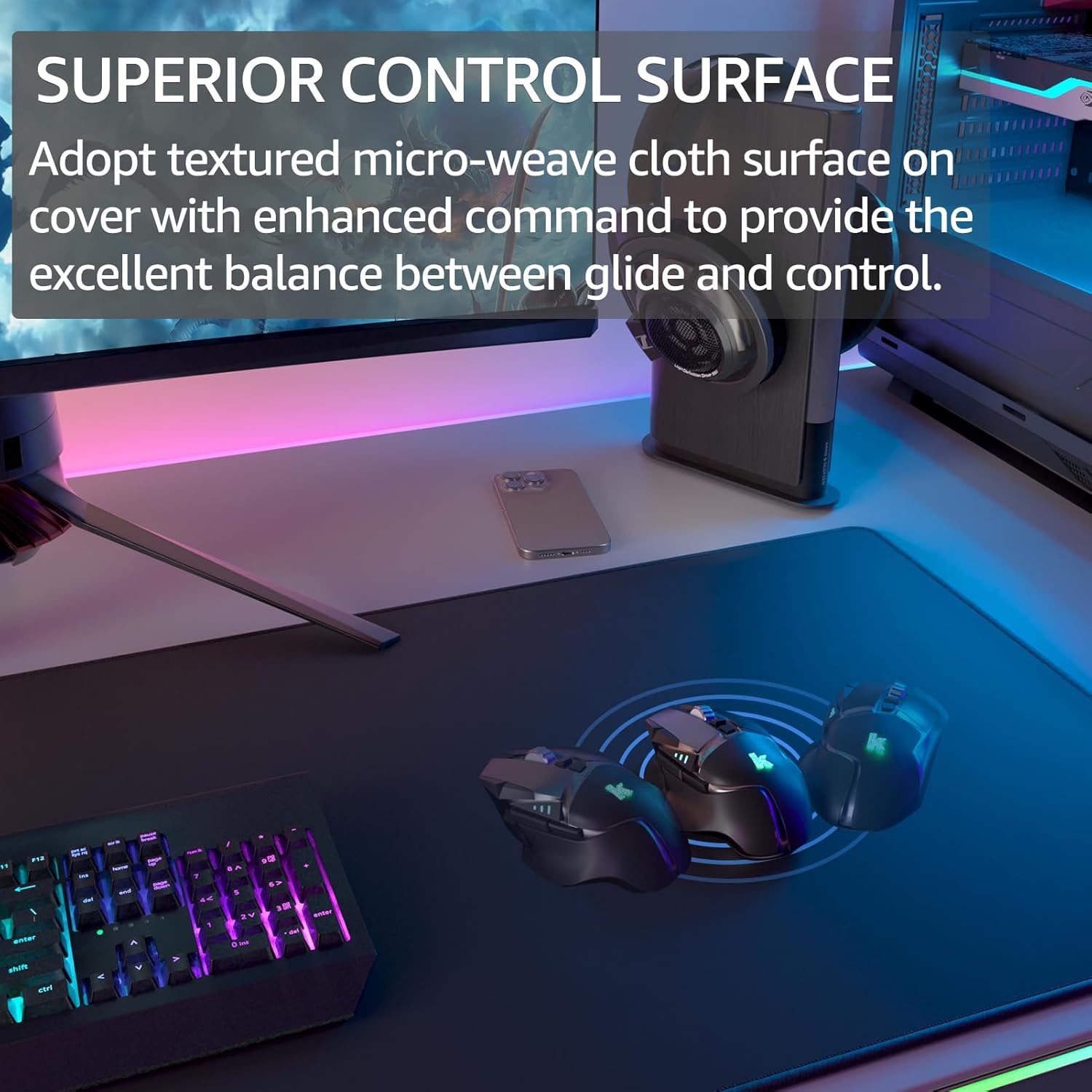 image:imageKTRIO Large Gaming Mouse Pad Desk Mat for Gamer 315 x 157 Black XXL Extended Size Design Superior MicroWeave Cloth NonSlip Rubber Base Durable Stitched Edges WaterResistant CoatingBlack Stealth