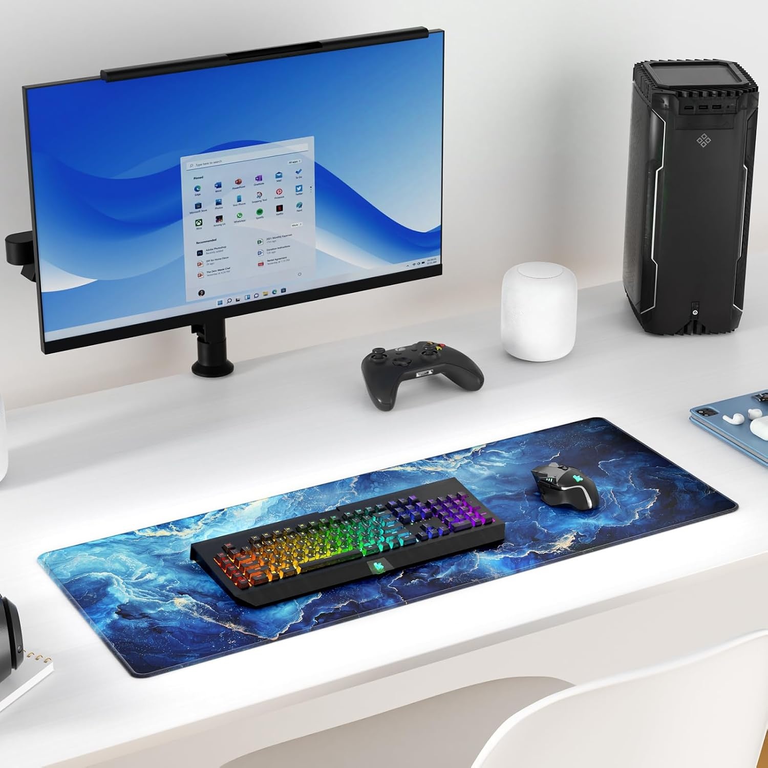 image:imageKTRIO Large Gaming Mouse Pad Desk Mat for Gamer 315 x 157 Black XXL Extended Size Design Superior MicroWeave Cloth NonSlip Rubber Base Durable Stitched Edges WaterResistant CoatingBlue Marble