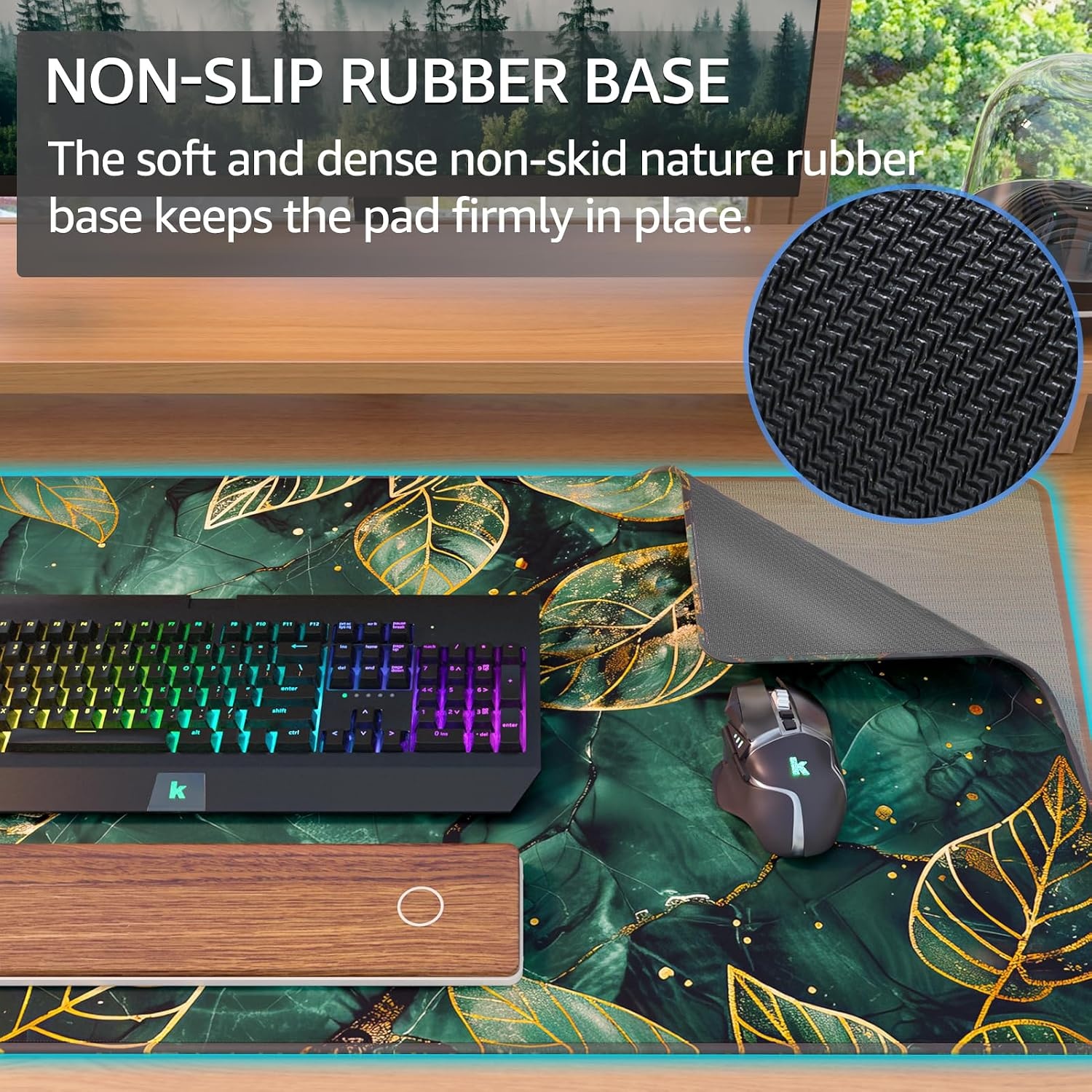 image:imageKTRIO Large Gaming Mouse Pad Desk Mat for Gamer 315 x 157 Black XXL Extended Size Design Superior MicroWeave Cloth NonSlip Rubber Base Durable Stitched Edges WaterResistant CoatingGreen Leaves