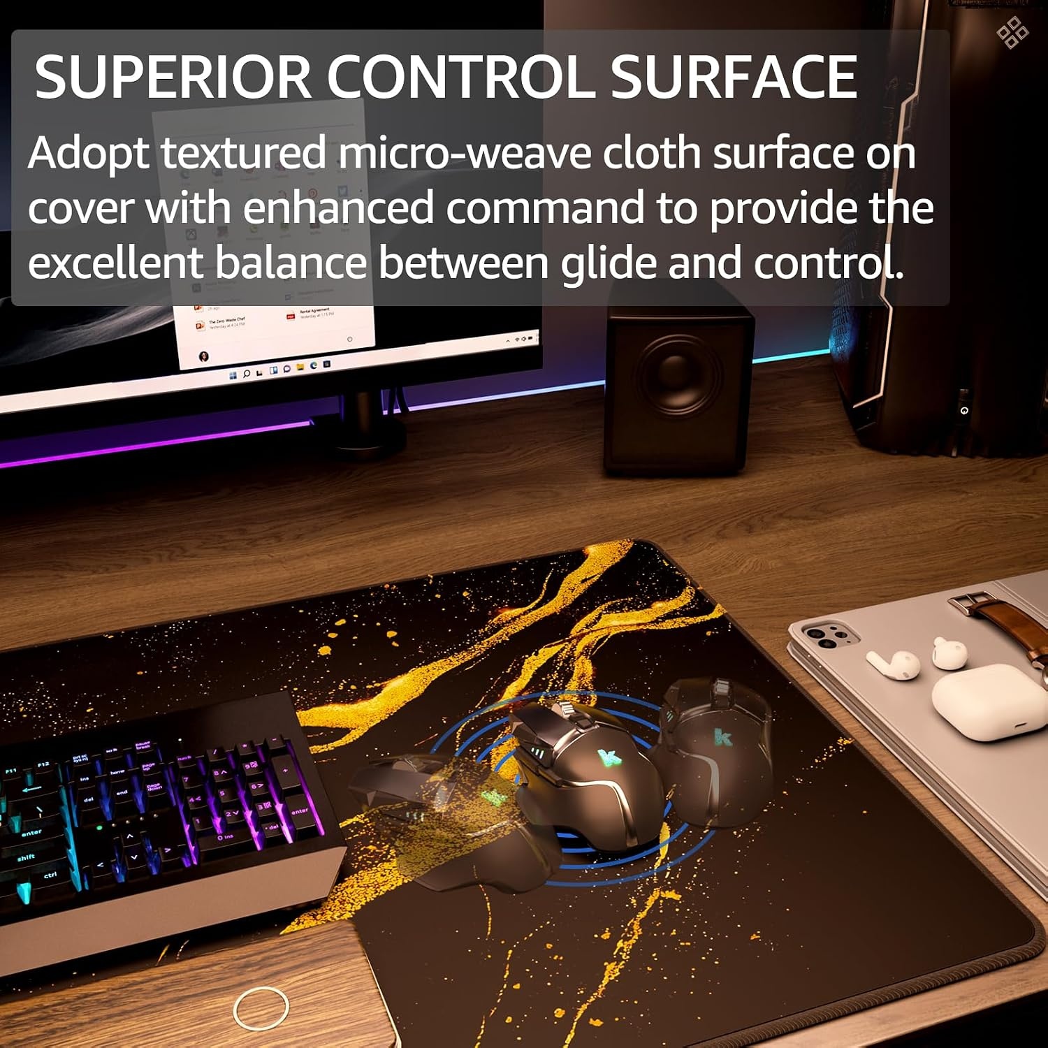 image:imageKTRIO Large Gaming Mouse Pad Desk Mat for Gamer 315 x 157 Black XXL Extended Size Design Superior MicroWeave Cloth NonSlip Rubber Base Durable Stitched Edges WaterResistant CoatingBlack Gold